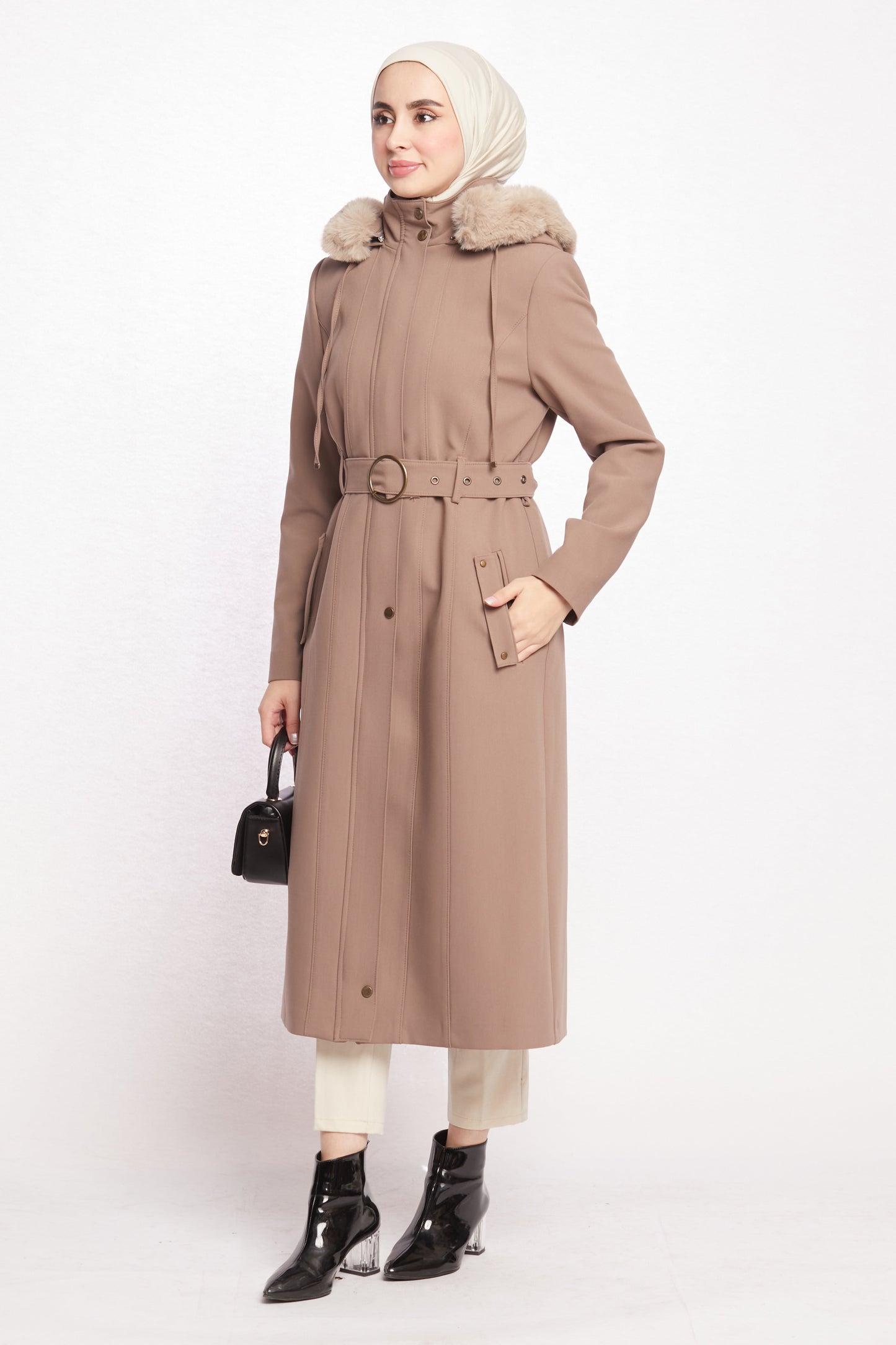 Hooded Faux Fur Trim Long Winter Coat