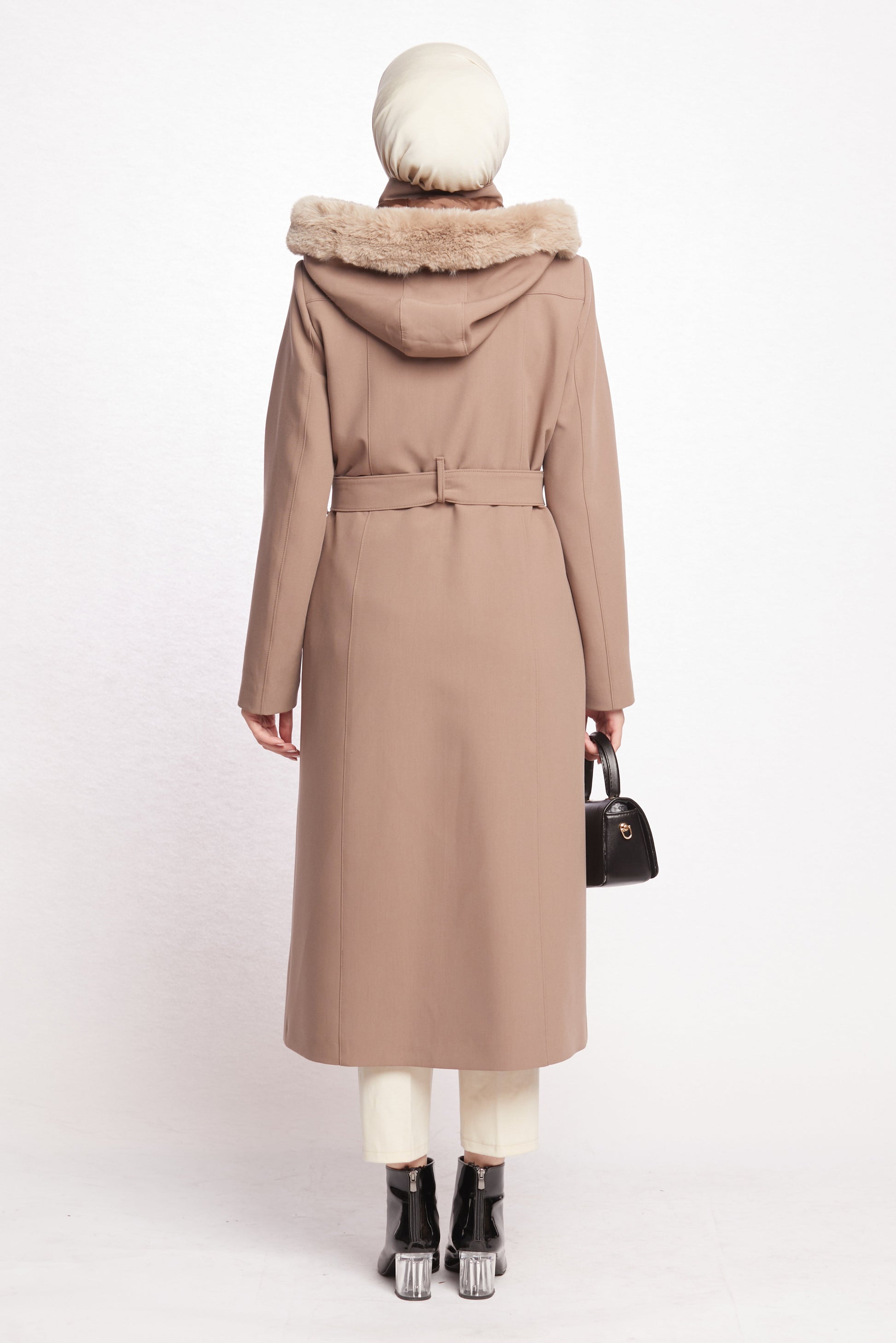 Hooded Faux Fur Trim Long Winter Coat