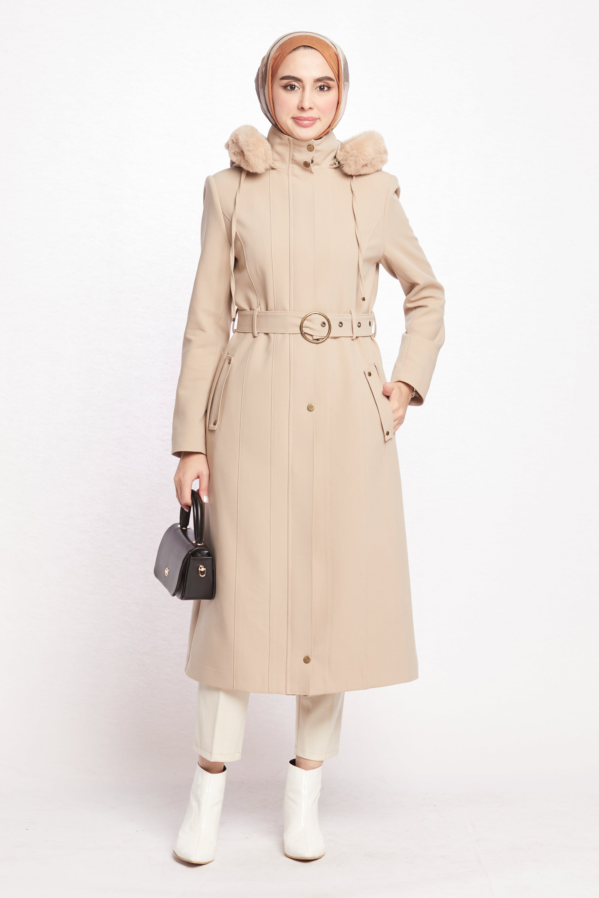 Hooded Faux Fur Trim Long Winter Coat