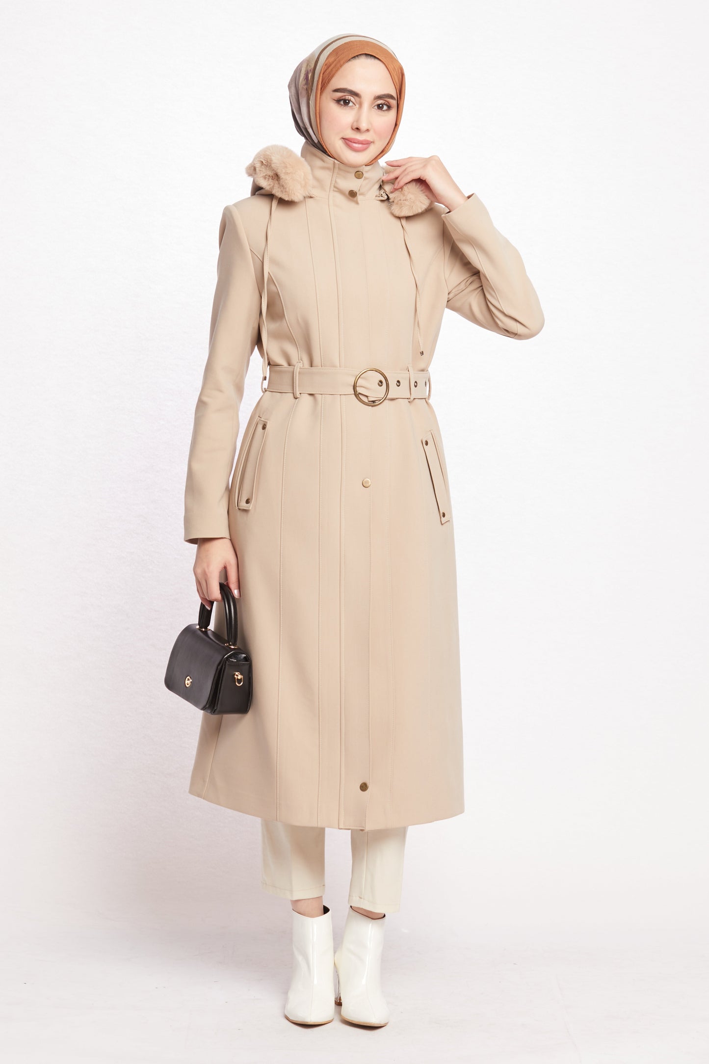Hooded Faux Fur Trim Long Winter Coat
