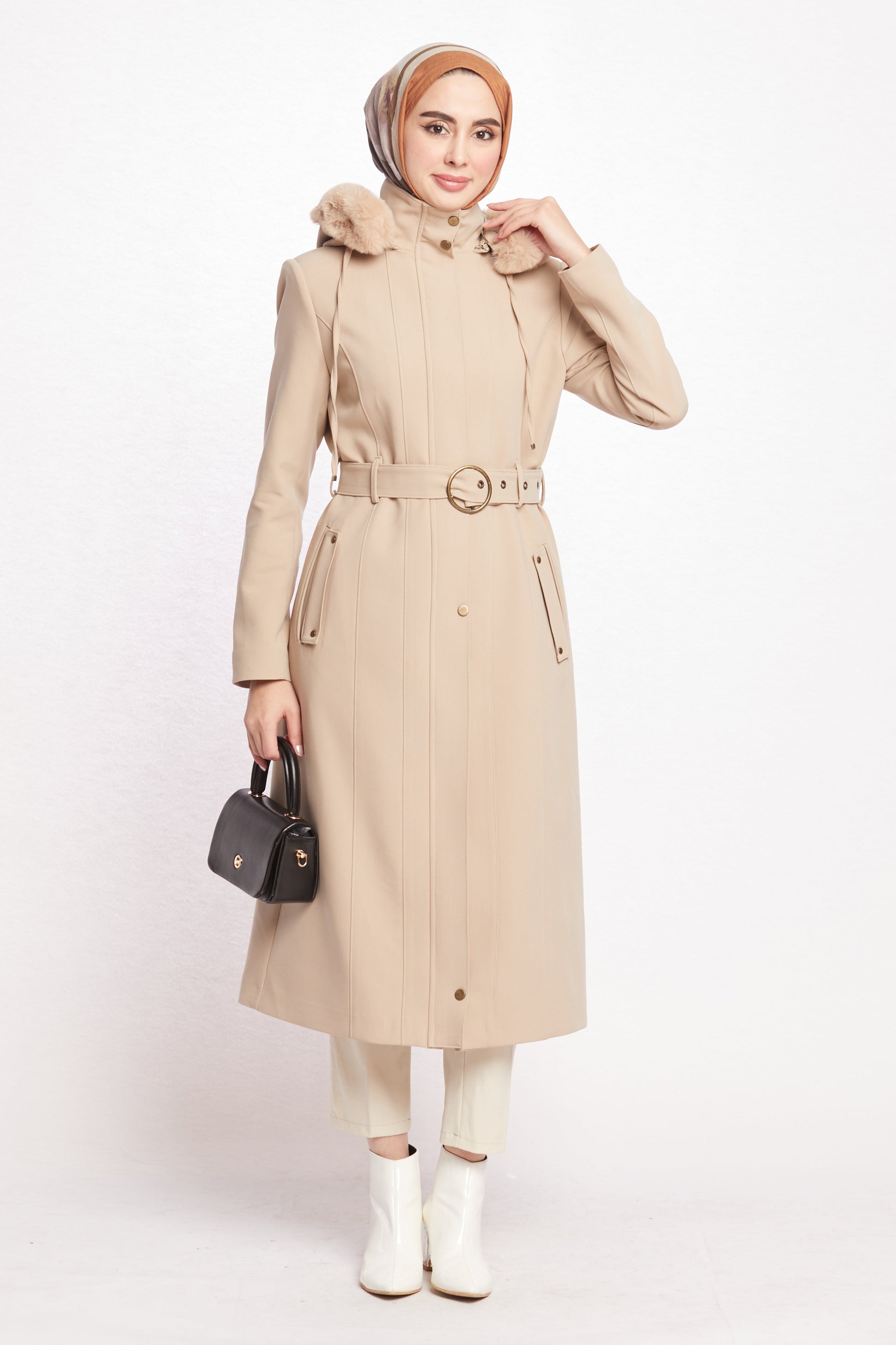 Hooded Faux Fur Trim Long Winter Coat