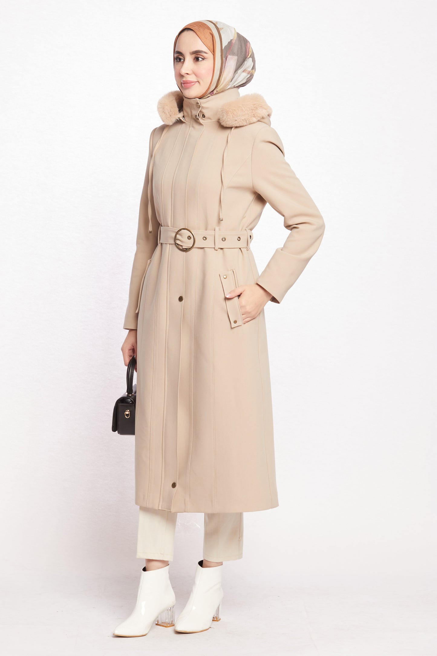Hooded Faux Fur Trim Long Winter Coat