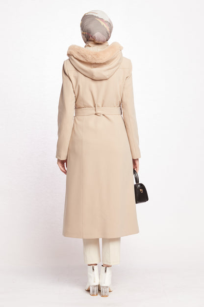 Hooded Faux Fur Trim Long Winter Coat