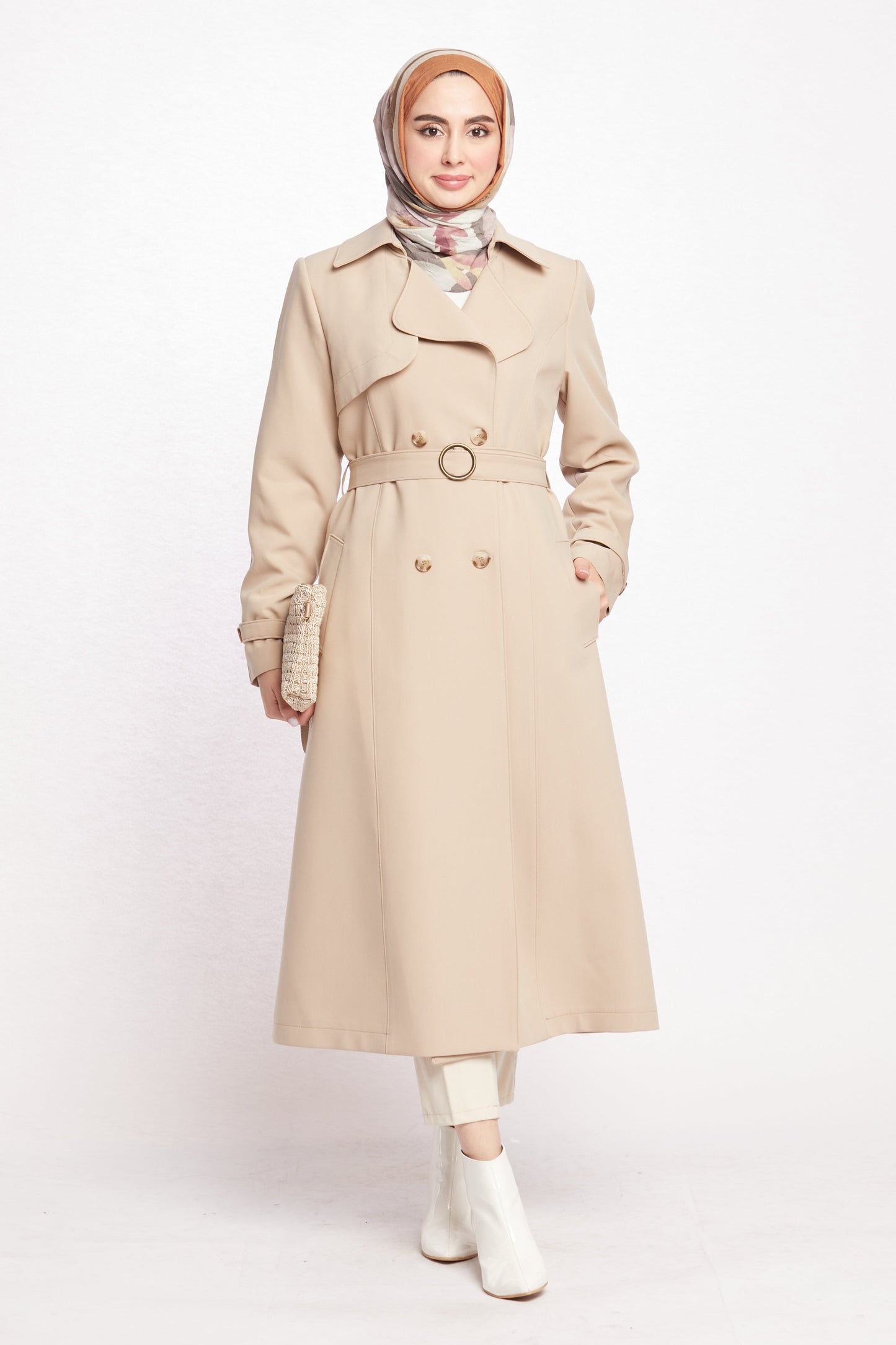 Double-Breasted Belted Polo Collar Lined Coat