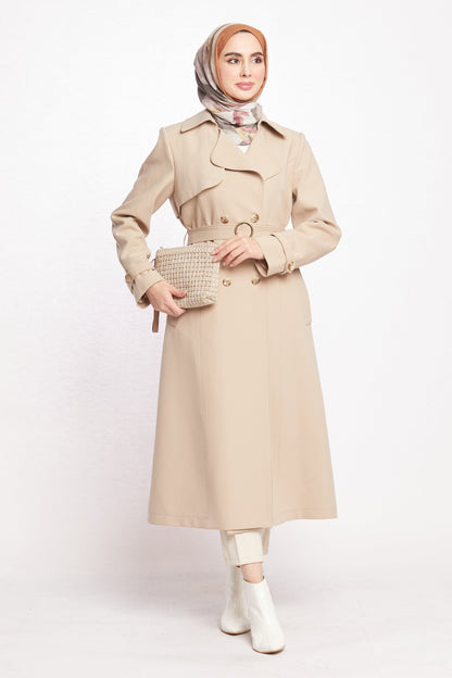 Double-Breasted Belted Polo Collar Lined Coat