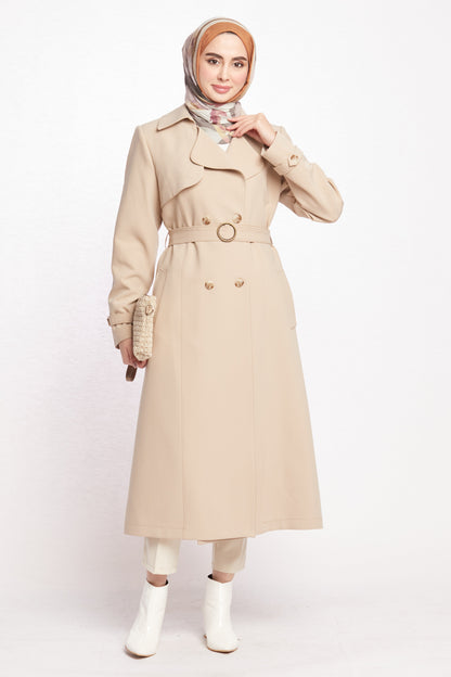 Double-Breasted Belted Polo Collar Lined Coat