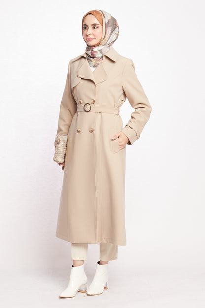 Double-Breasted Belted Polo Collar Lined Coat