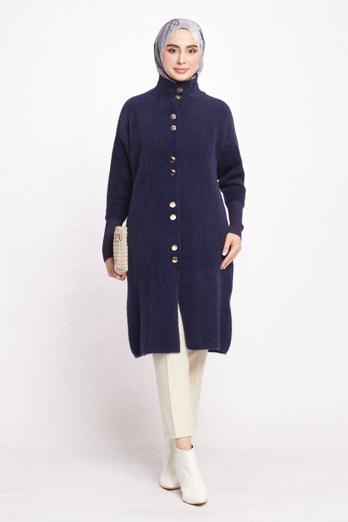 Turtleneck Oversize Cardigan with Gold Button Detail