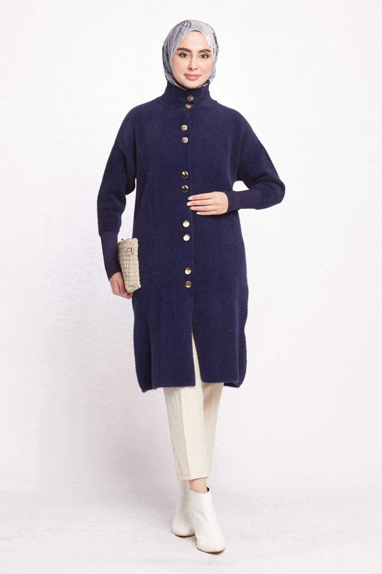 Turtleneck Oversize Cardigan with Gold Button Detail