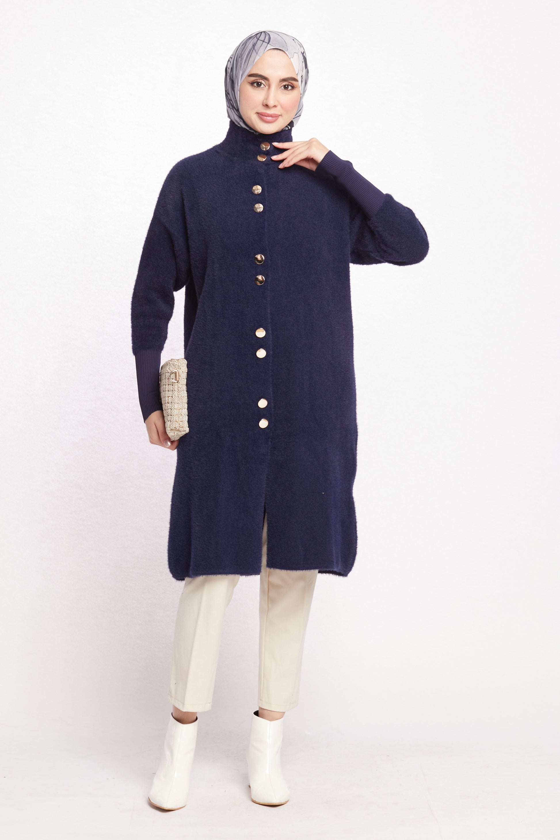 Turtleneck Oversize Cardigan with Gold Button Detail