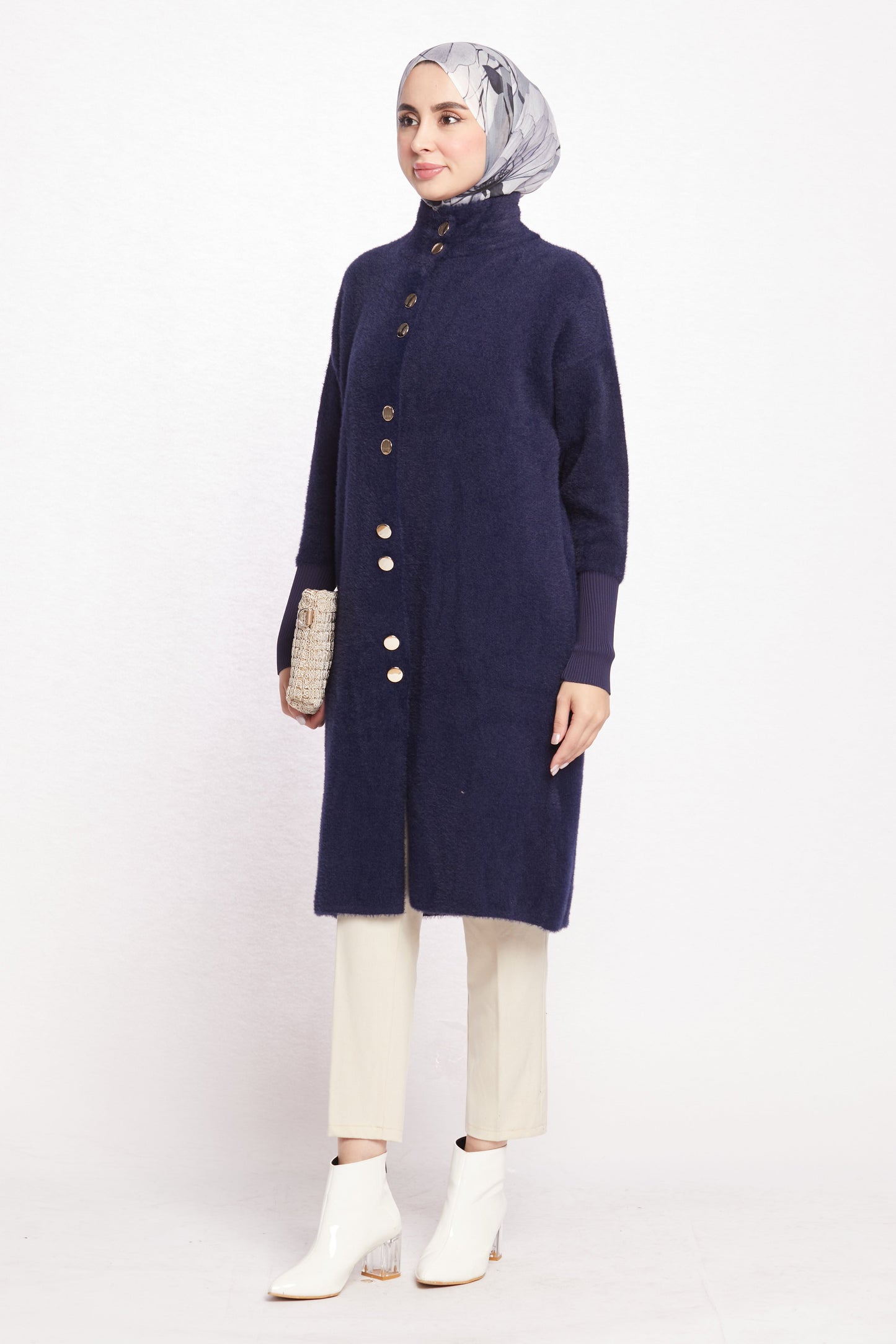 Turtleneck Oversize Cardigan with Gold Button Detail