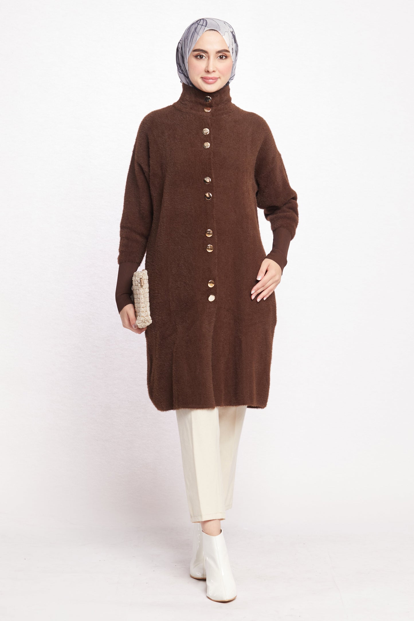 Turtleneck Oversize Cardigan with Gold Button Detail