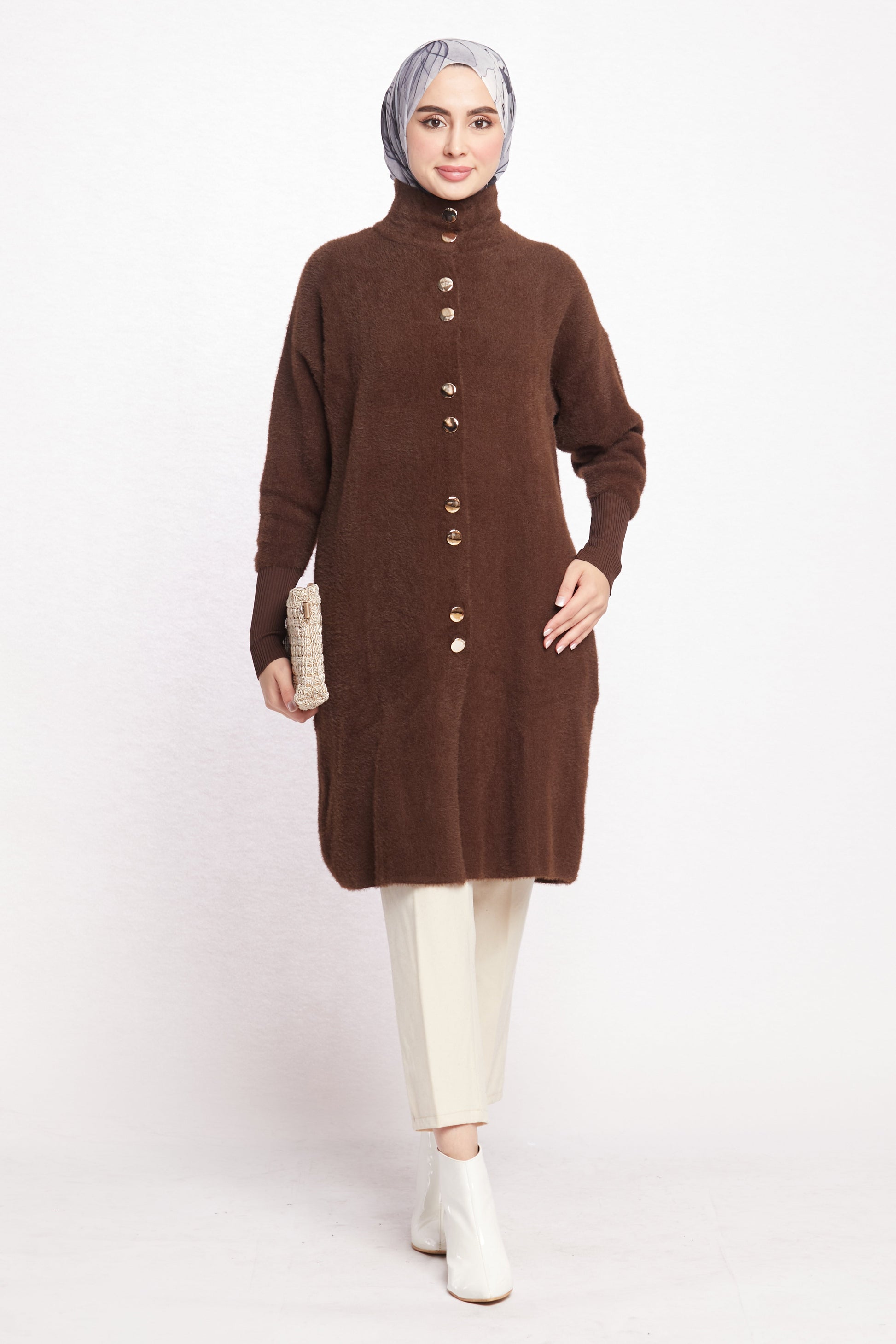 Turtleneck Oversize Cardigan with Gold Button Detail