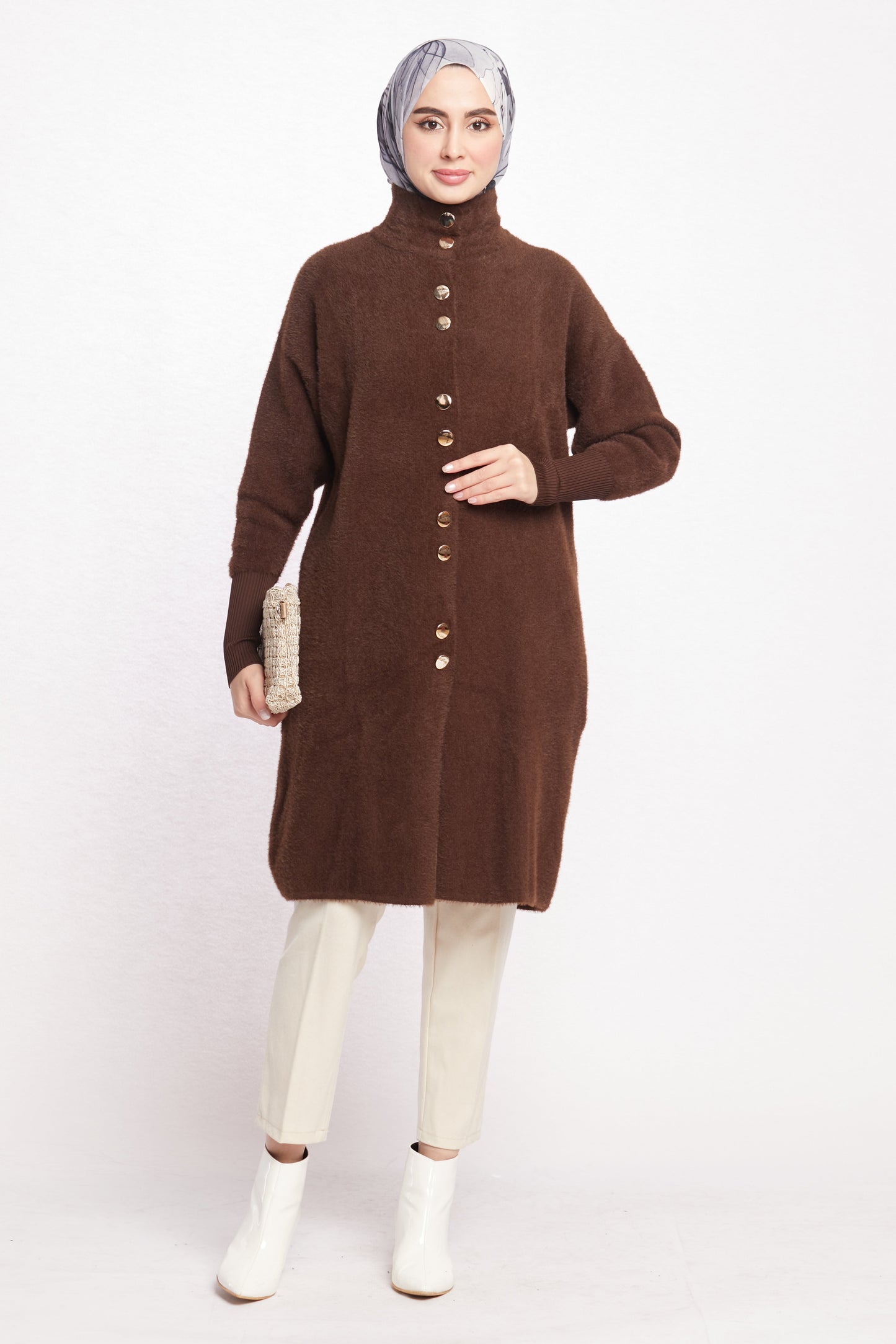 Turtleneck Oversize Cardigan with Gold Button Detail