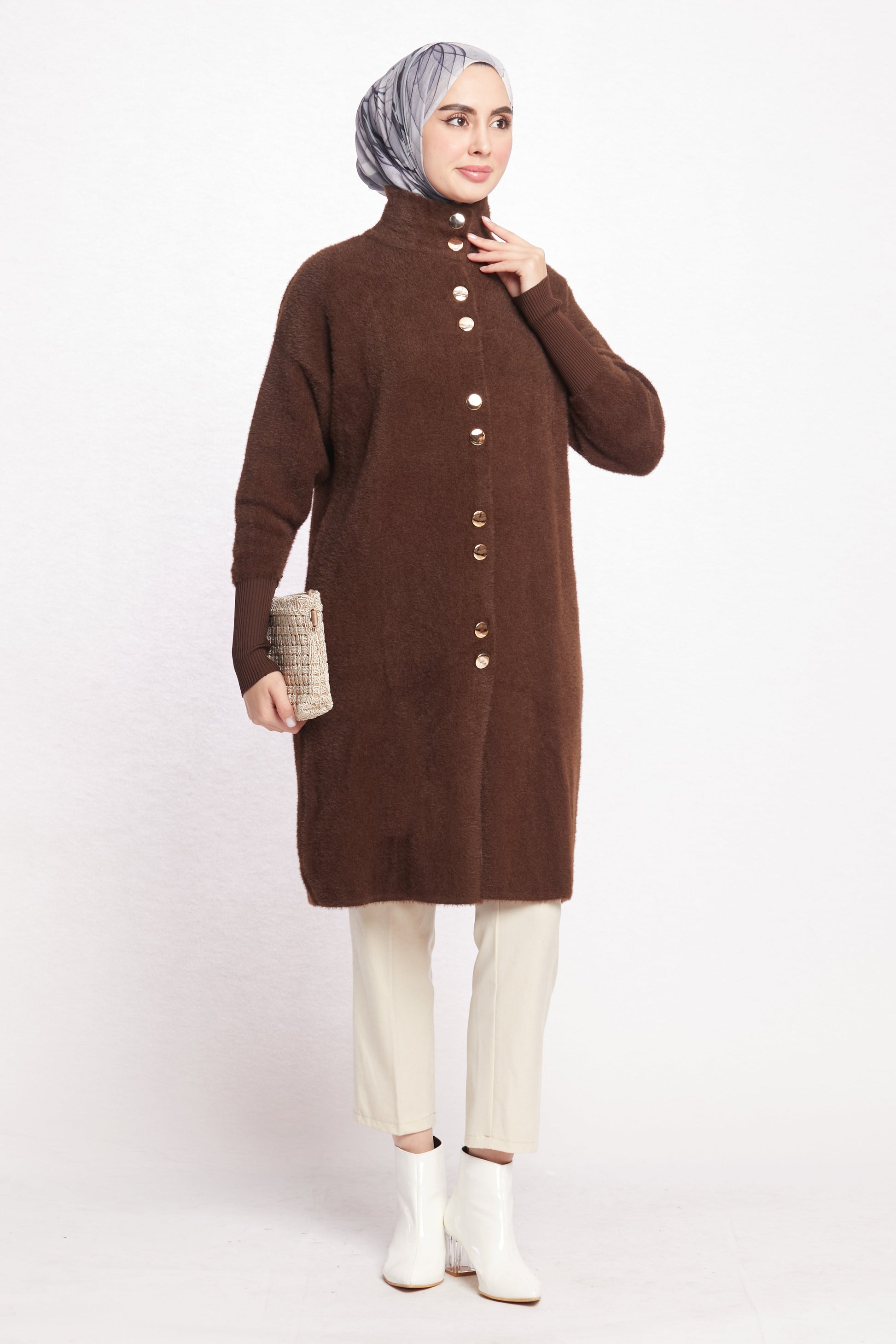 Turtleneck Oversize Cardigan with Gold Button Detail