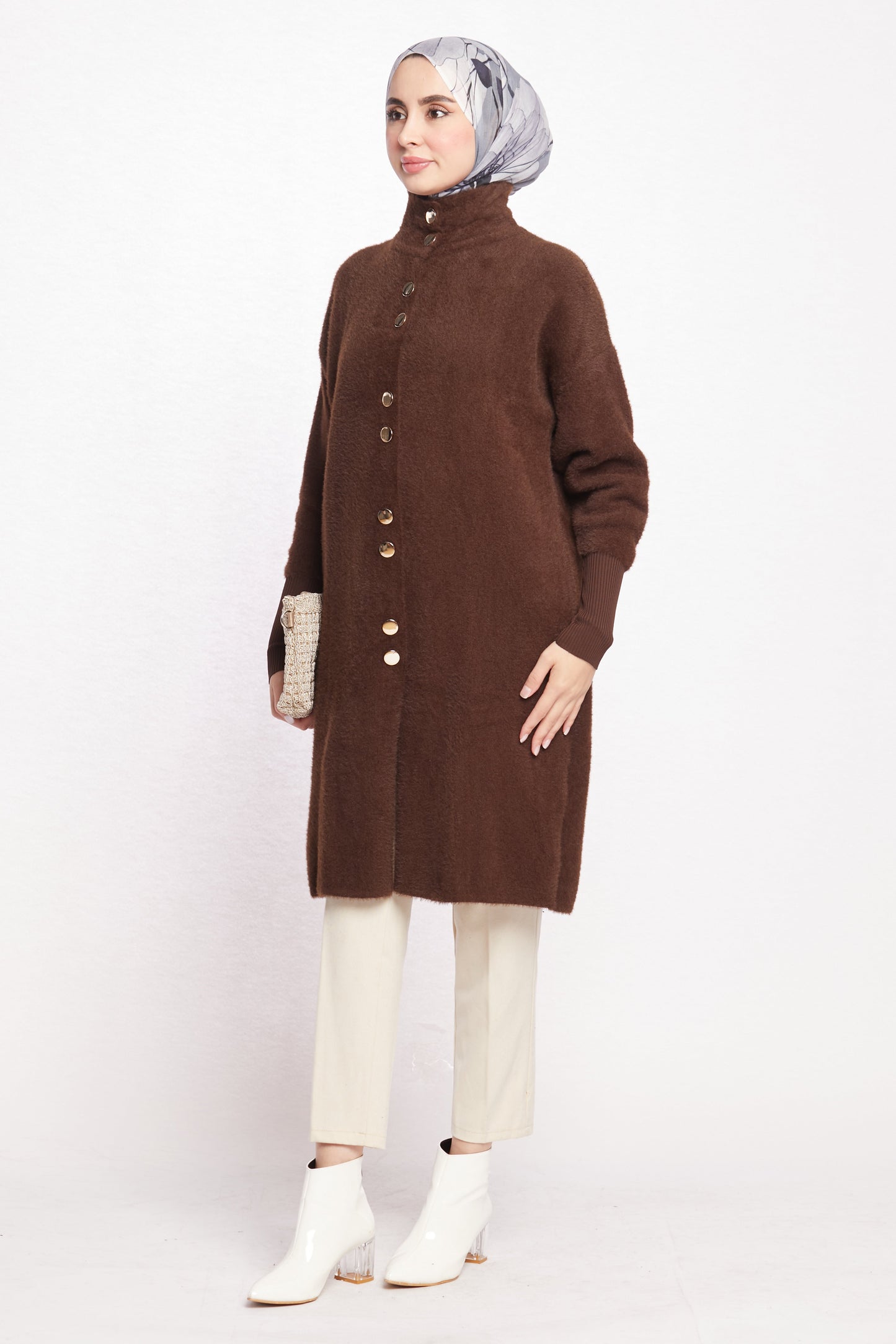Turtleneck Oversize Cardigan with Gold Button Detail