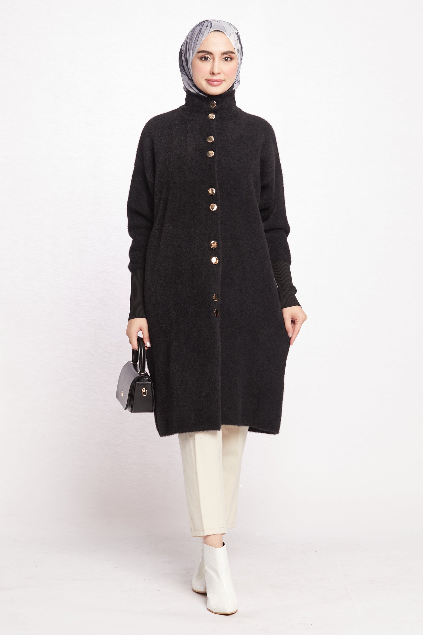 Turtleneck Oversize Cardigan with Gold Button Detail
