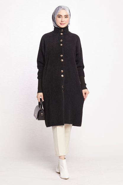 Turtleneck Oversize Cardigan with Gold Button Detail