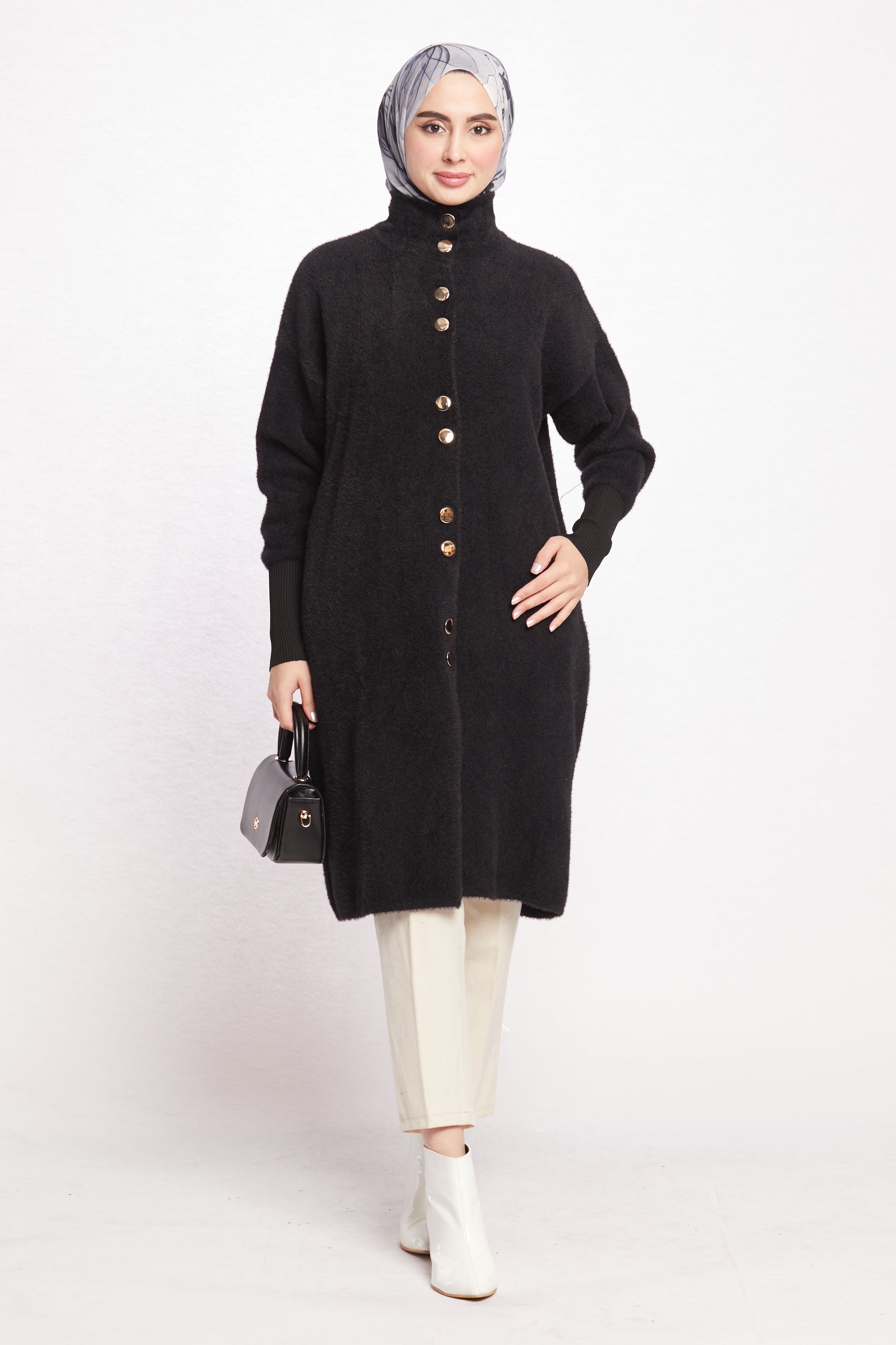 Turtleneck Oversize Cardigan with Gold Button Detail