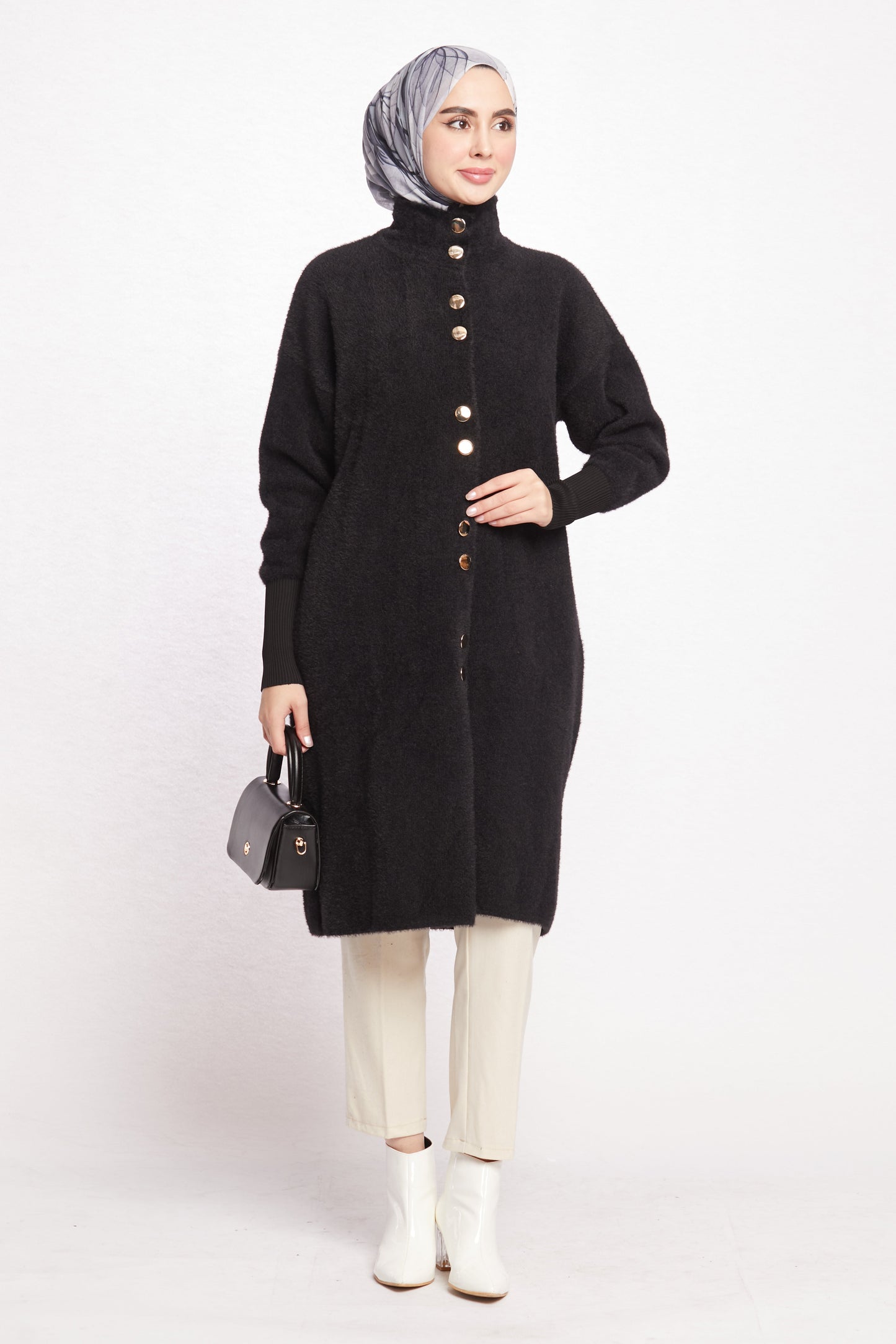Turtleneck Oversize Cardigan with Gold Button Detail