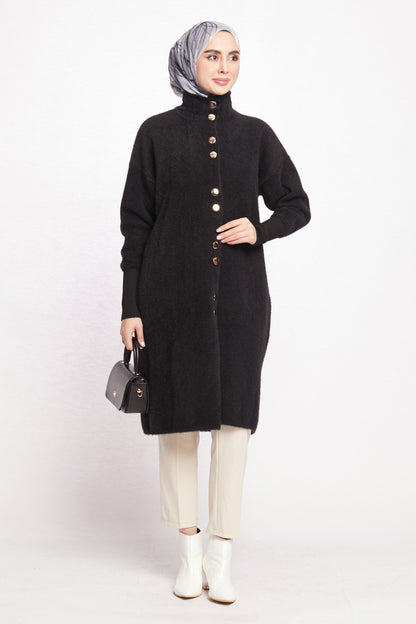 Turtleneck Oversize Cardigan with Gold Button Detail