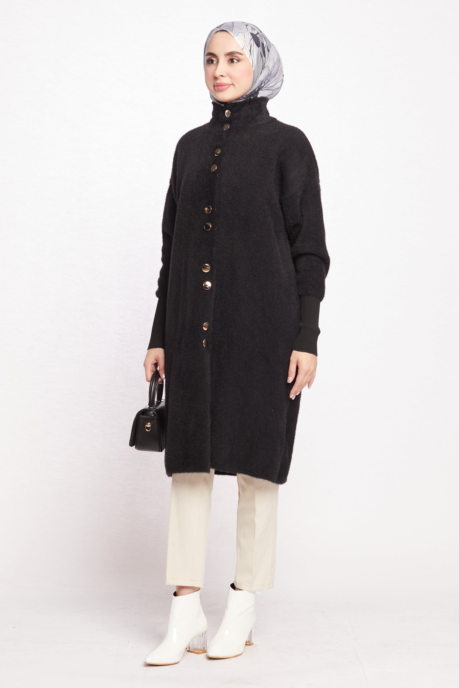 Turtleneck Oversize Cardigan with Gold Button Detail