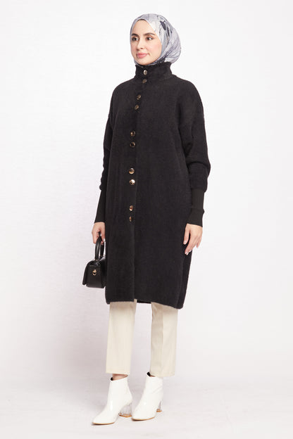 Turtleneck Oversize Cardigan with Gold Button Detail