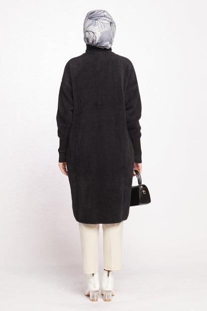 Turtleneck Oversize Cardigan with Gold Button Detail