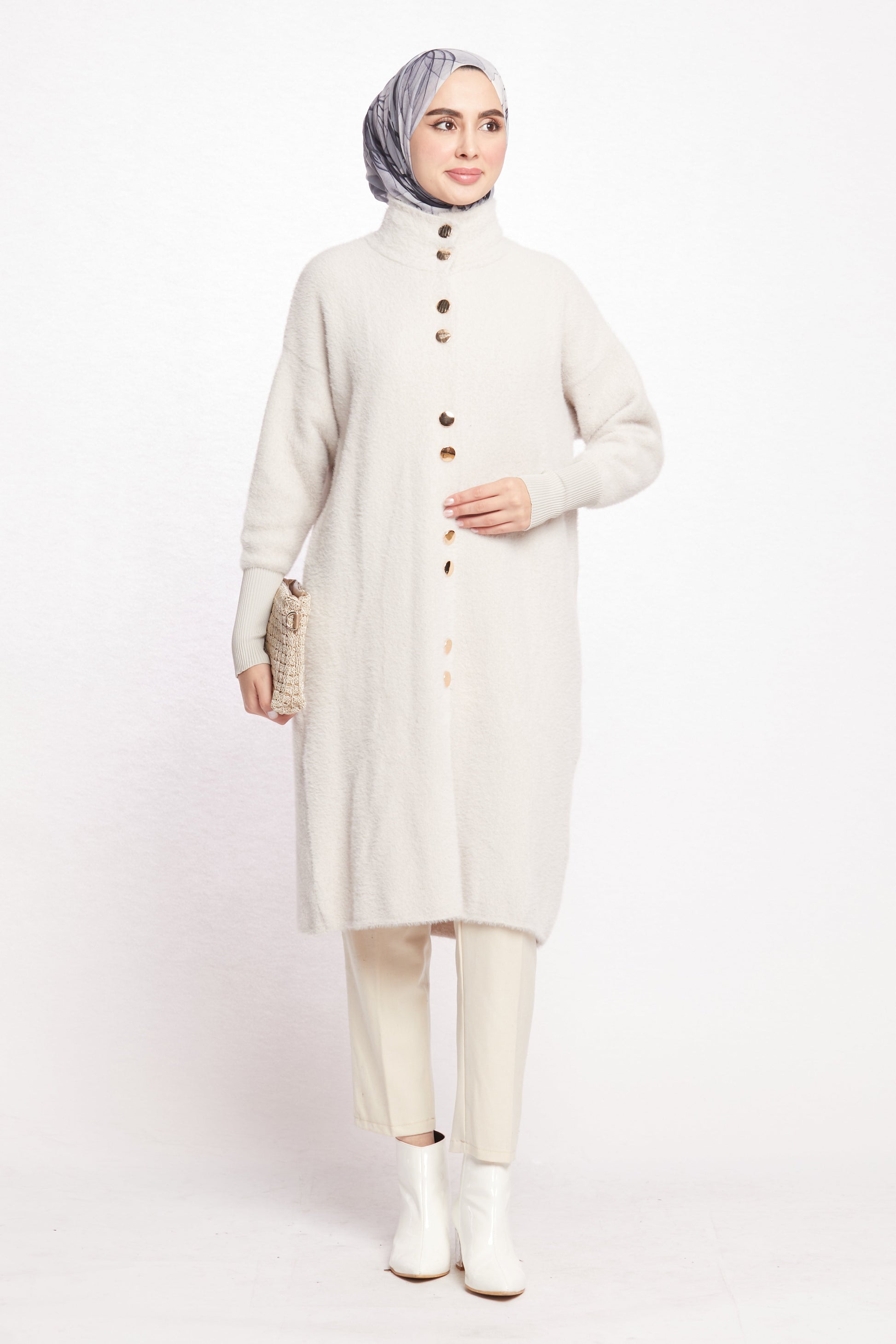 Turtleneck Oversize Cardigan with Gold Button Detail