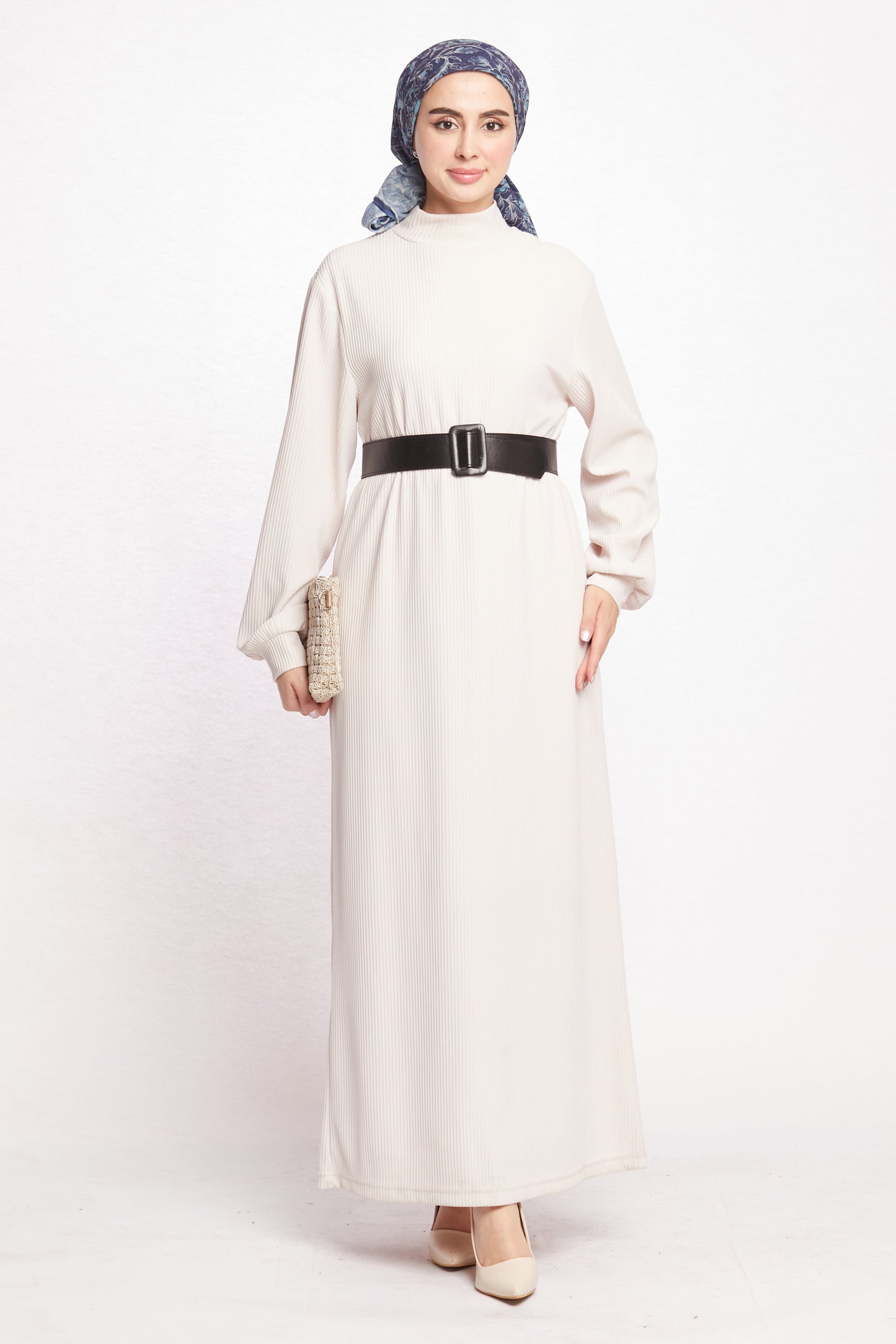 Long Dress with Collar and Belt Details