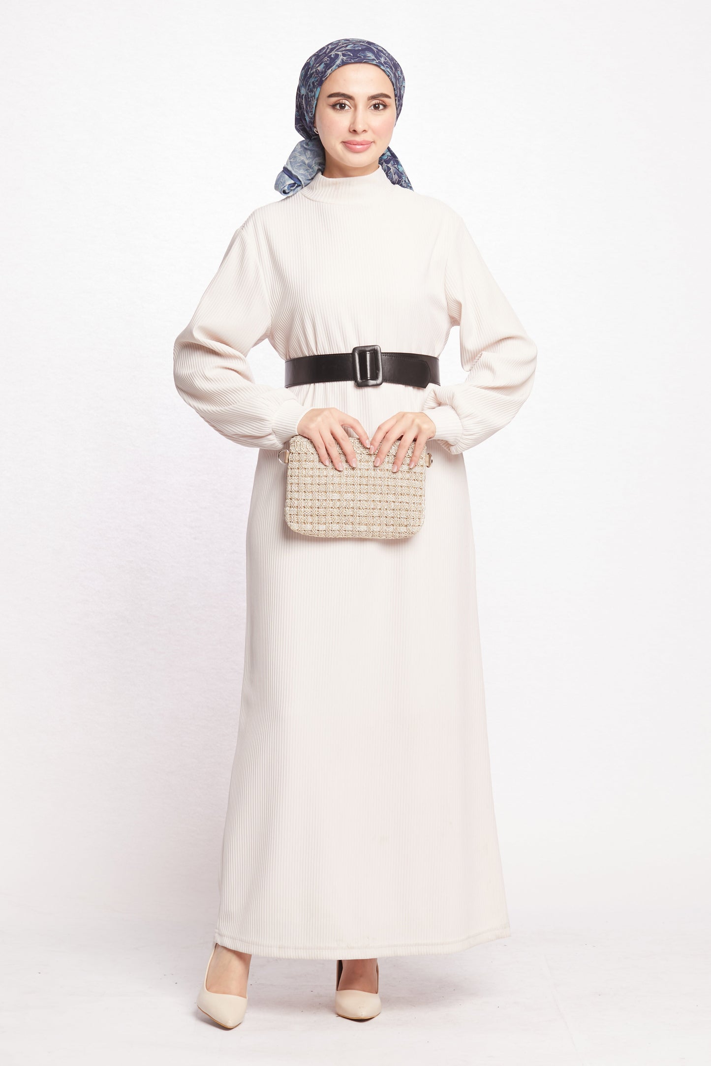 Long Dress with Collar and Belt Details