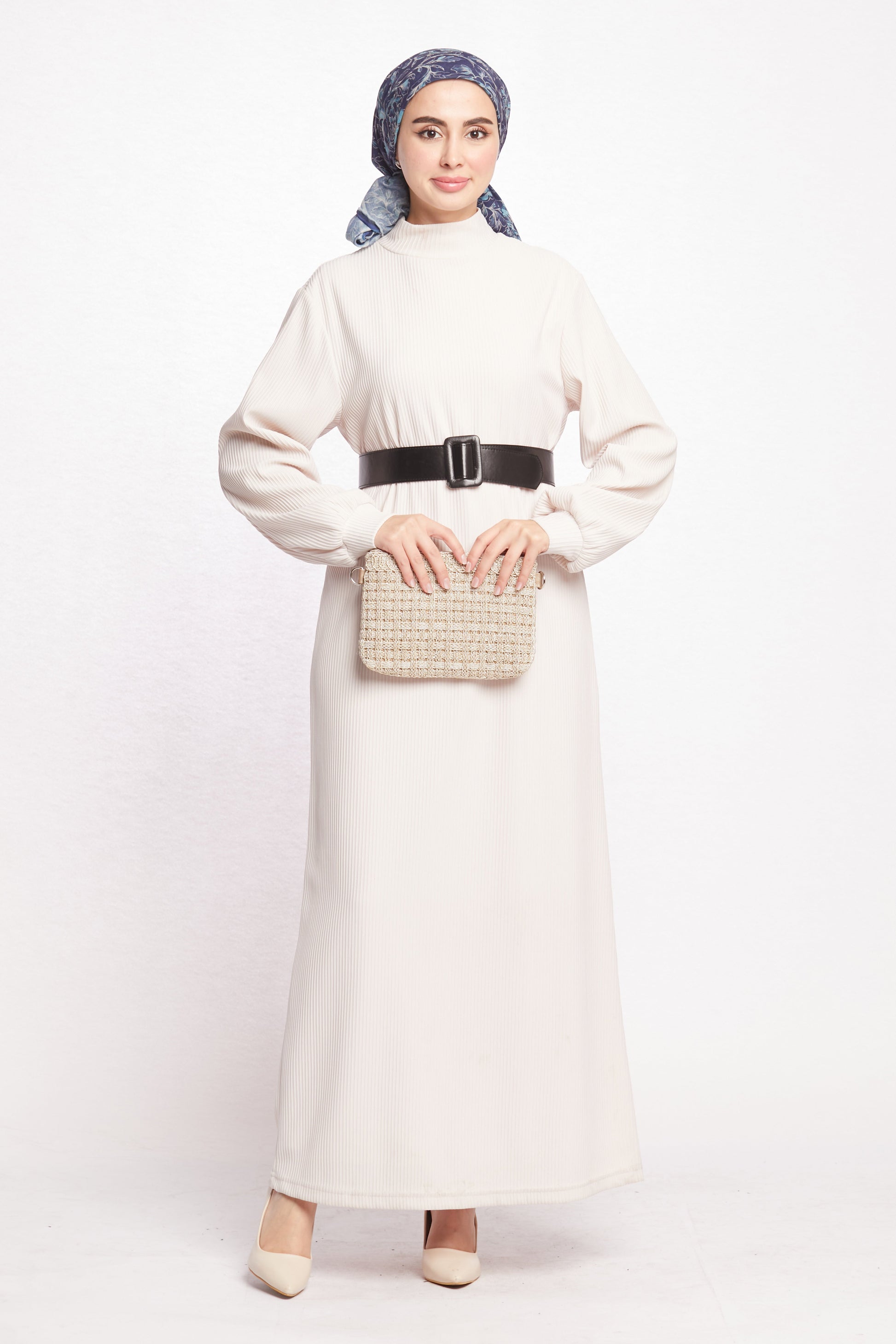 Long Dress with Collar and Belt Details