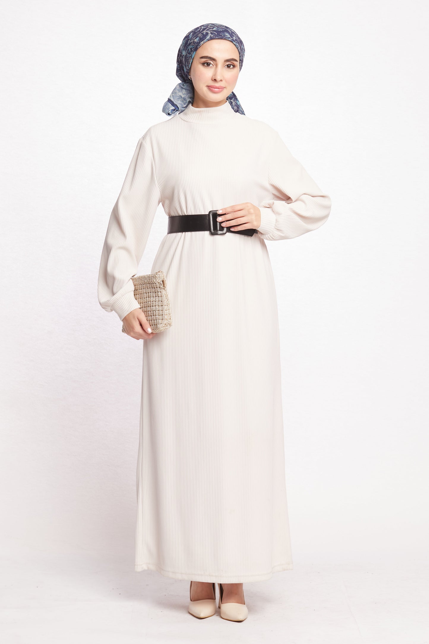 Long Dress with Collar and Belt Details