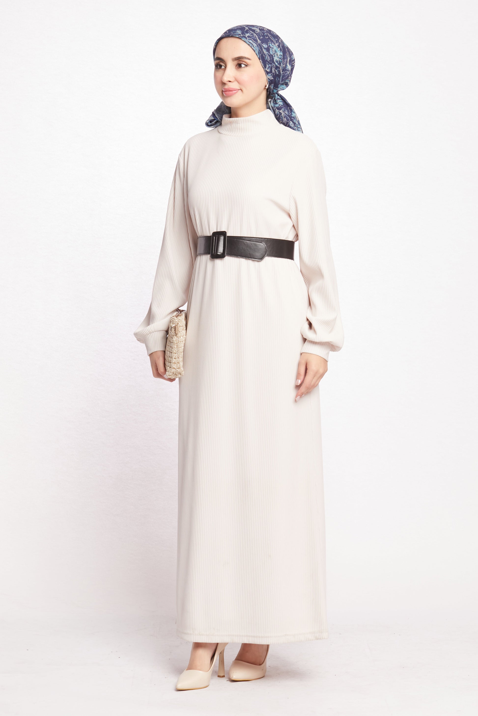 Long Dress with Collar and Belt Details