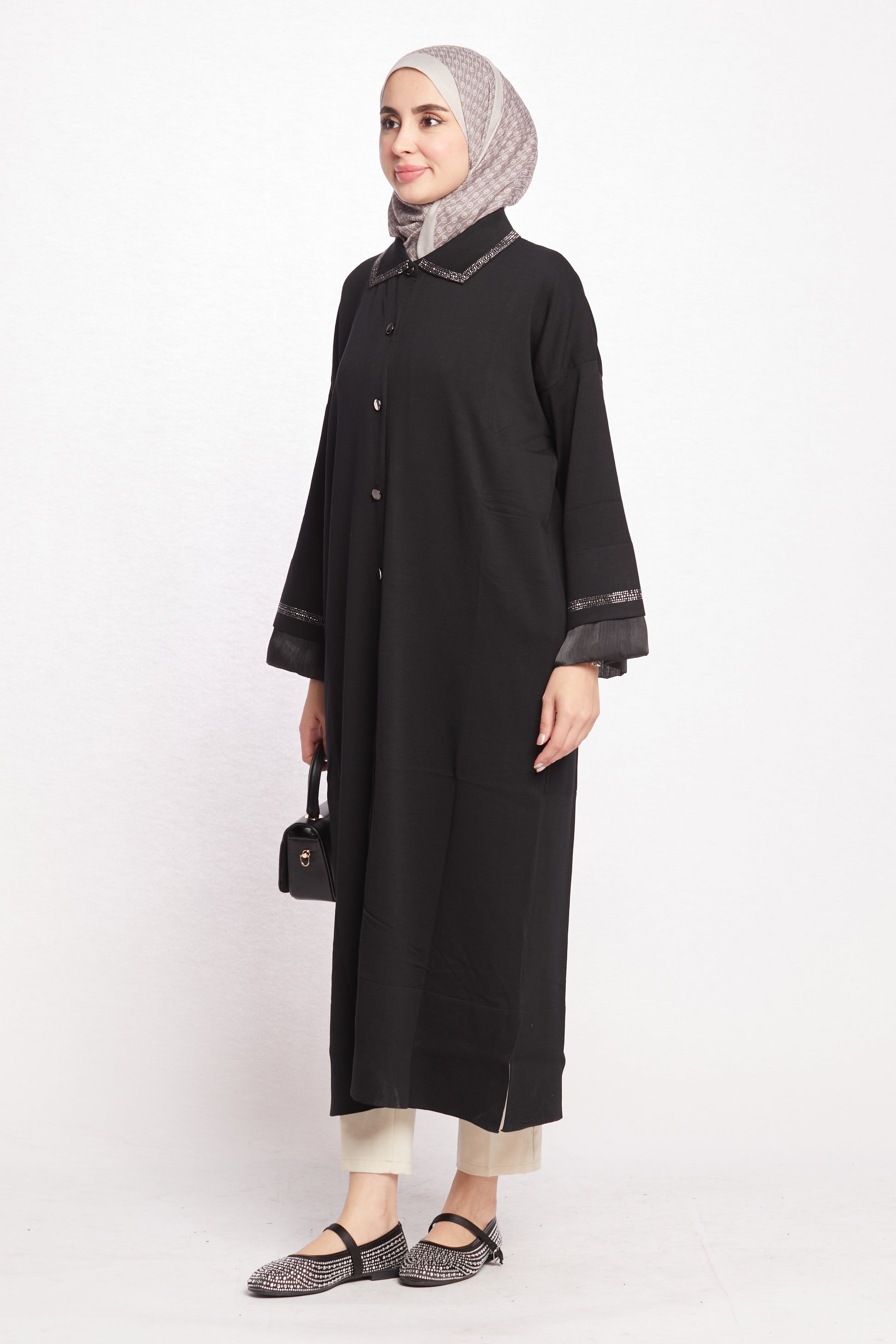 Polo Neck Stone Detail Cardigan Abaya