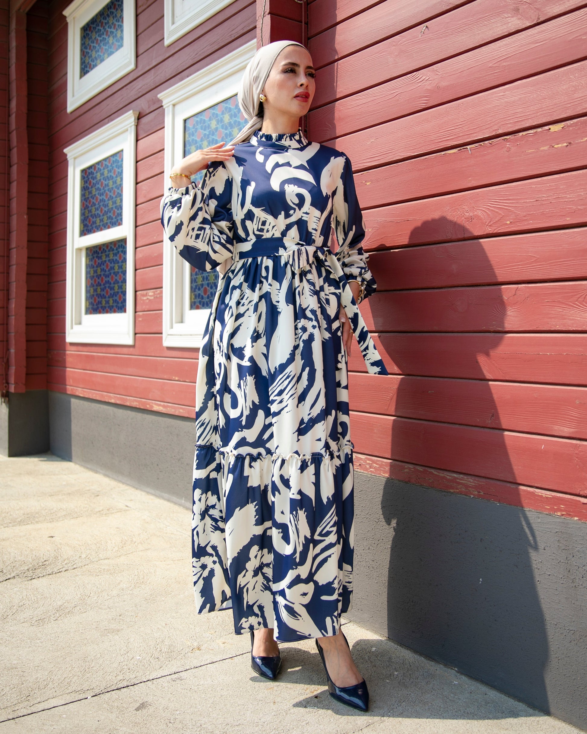 Belted High Neck Maxi Dress