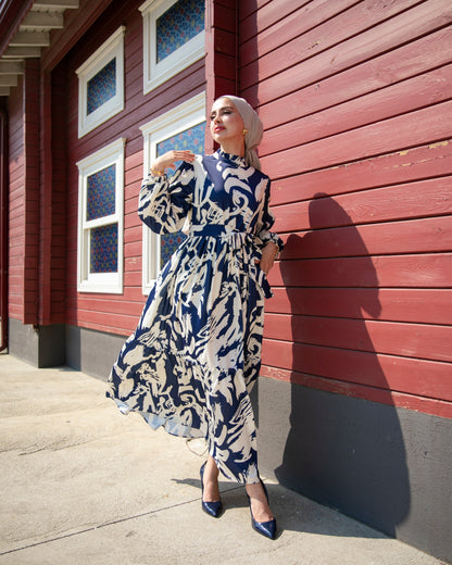 Belted High Neck Maxi Dress