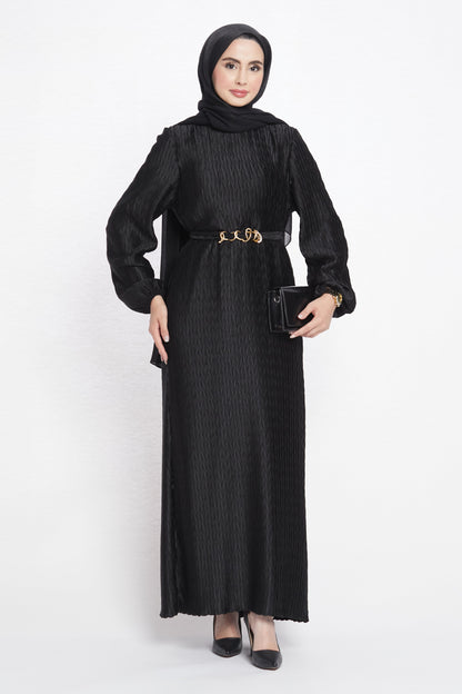 Long Patterned Dress with Belt Detail