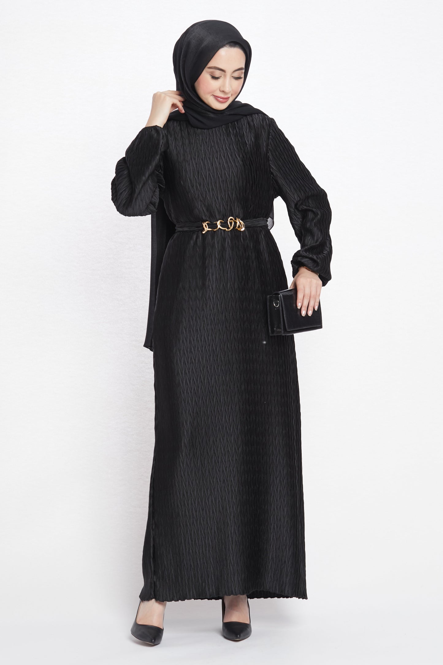 Long Patterned Dress with Belt Detail