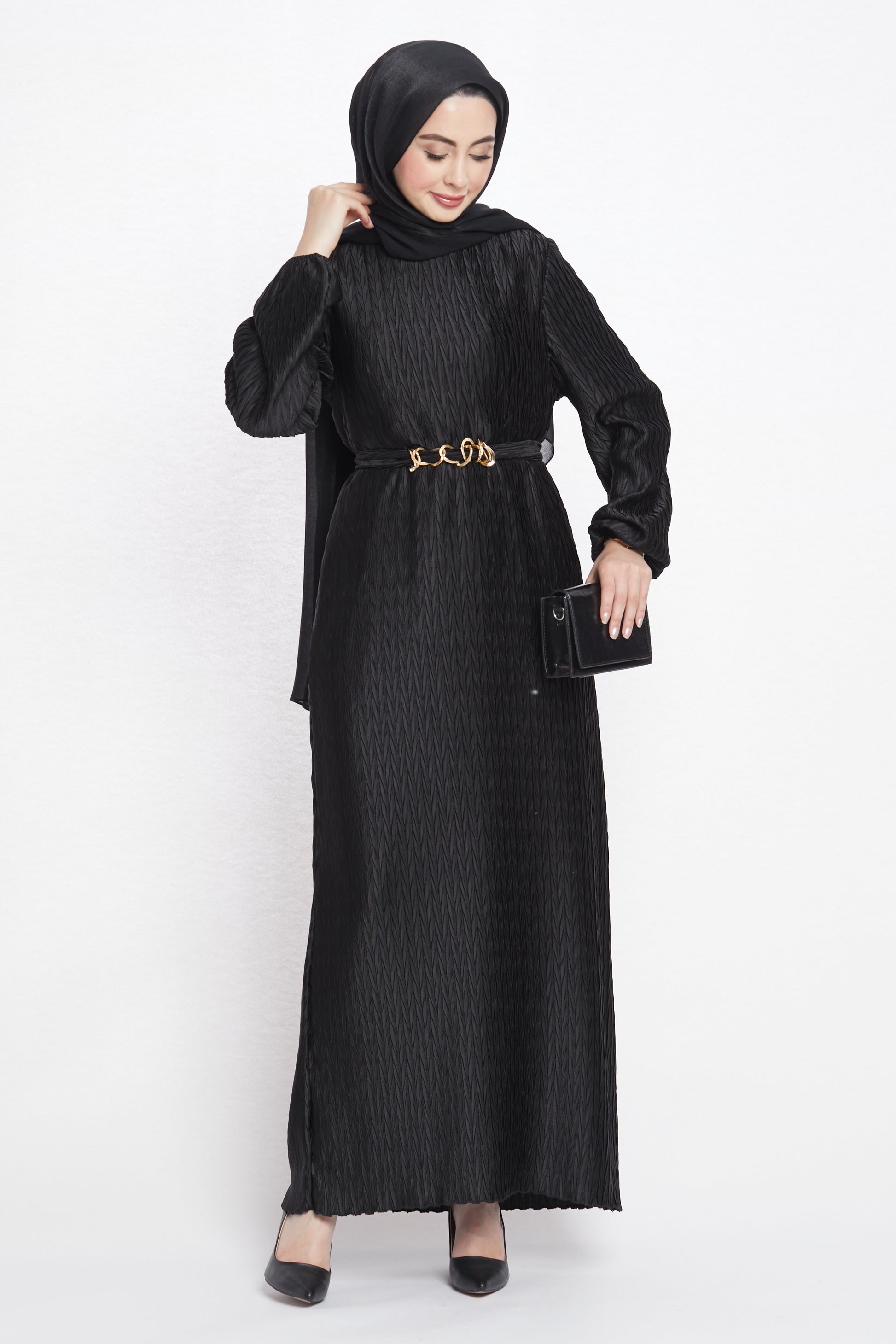Long Patterned Dress with Belt Detail