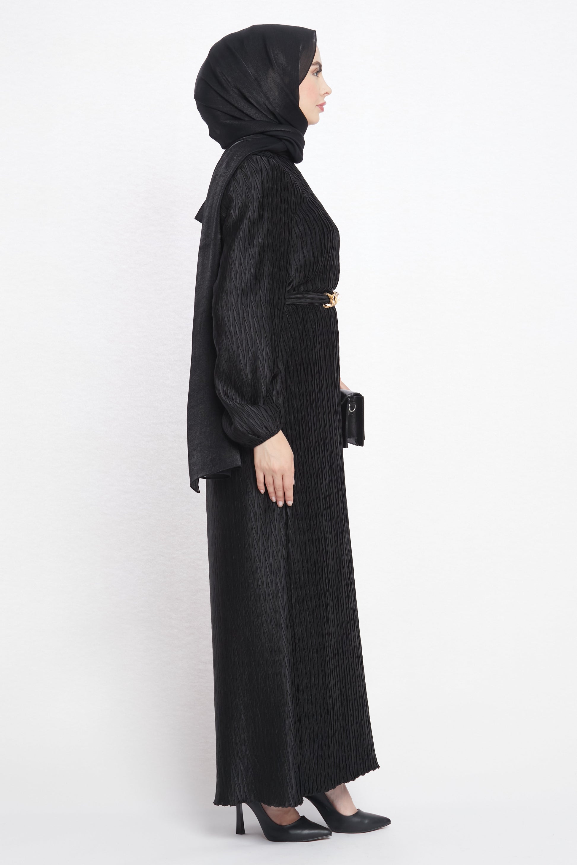 Long Patterned Dress with Belt Detail