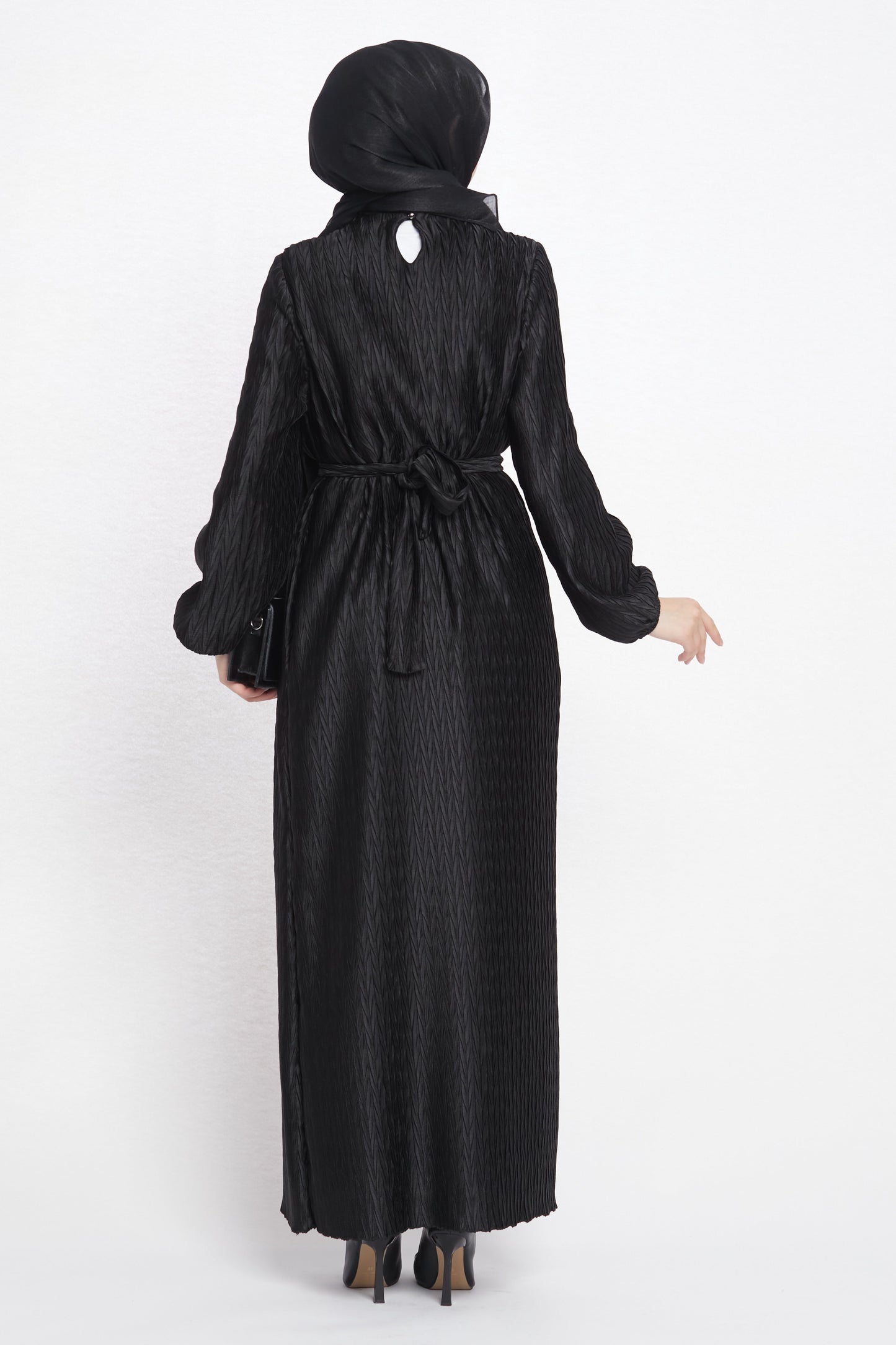 Long Patterned Dress with Belt Detail