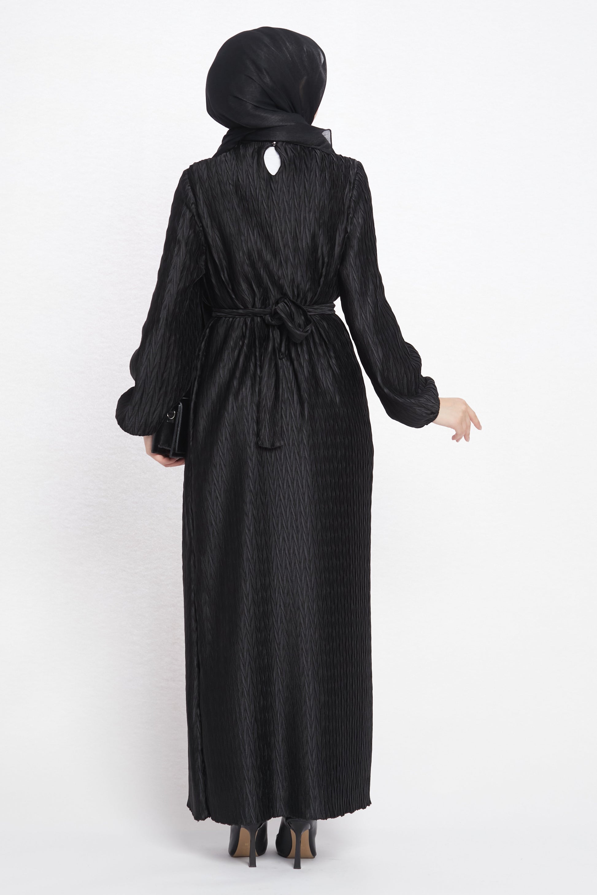 Long Patterned Dress with Belt Detail