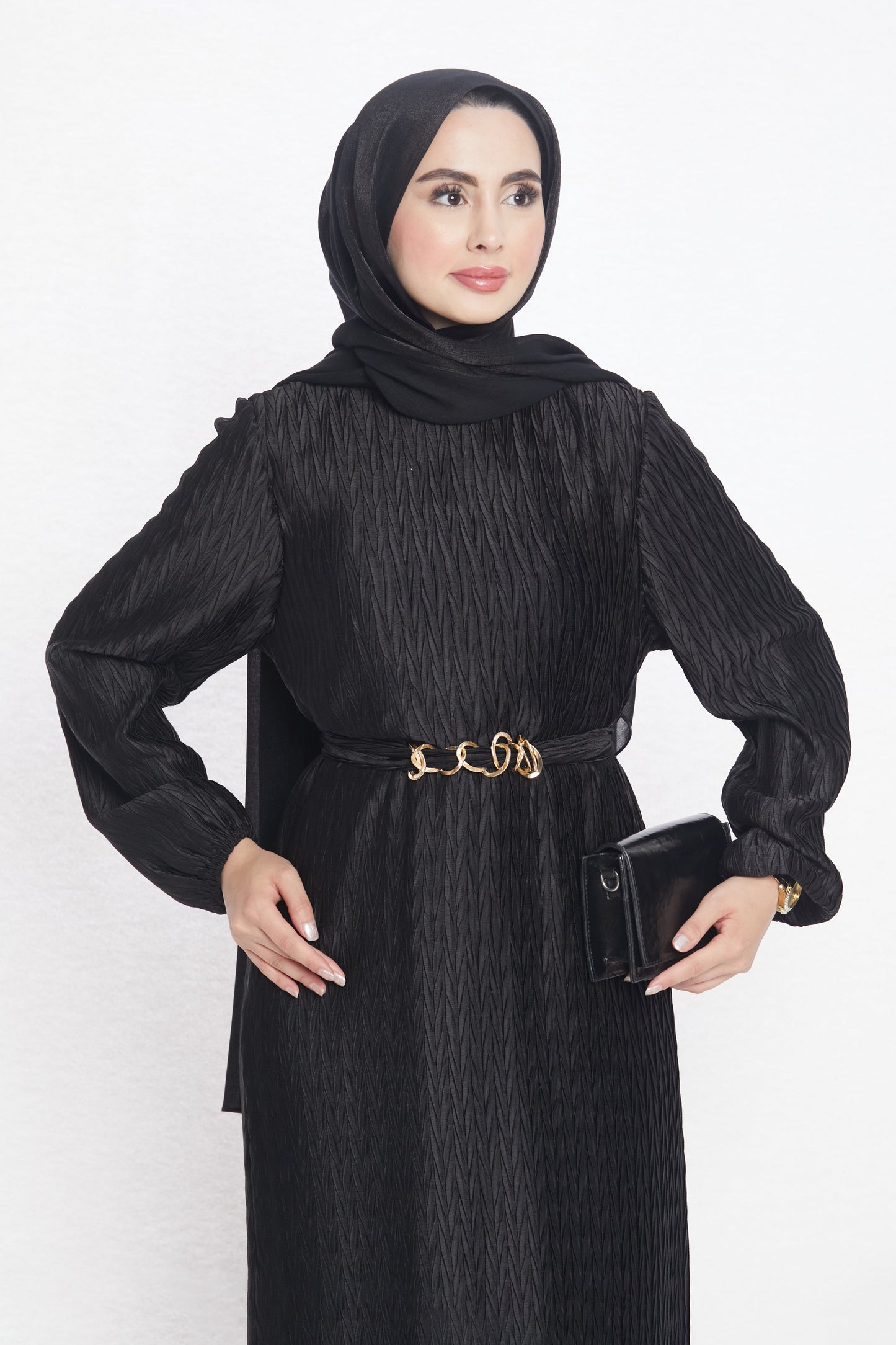 Long Patterned Dress with Belt Detail