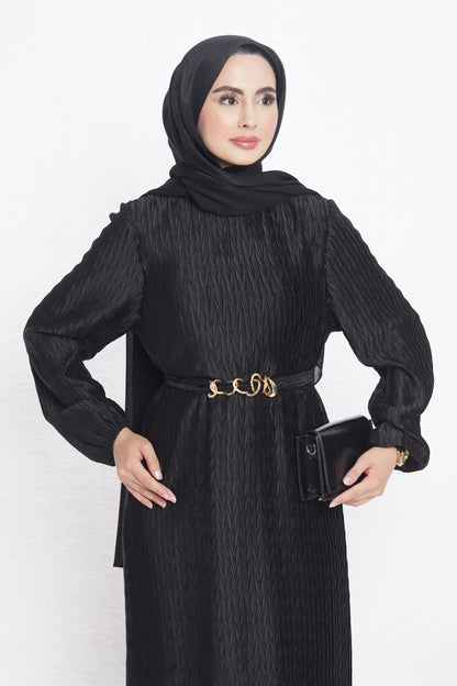 Long Patterned Dress with Belt Detail