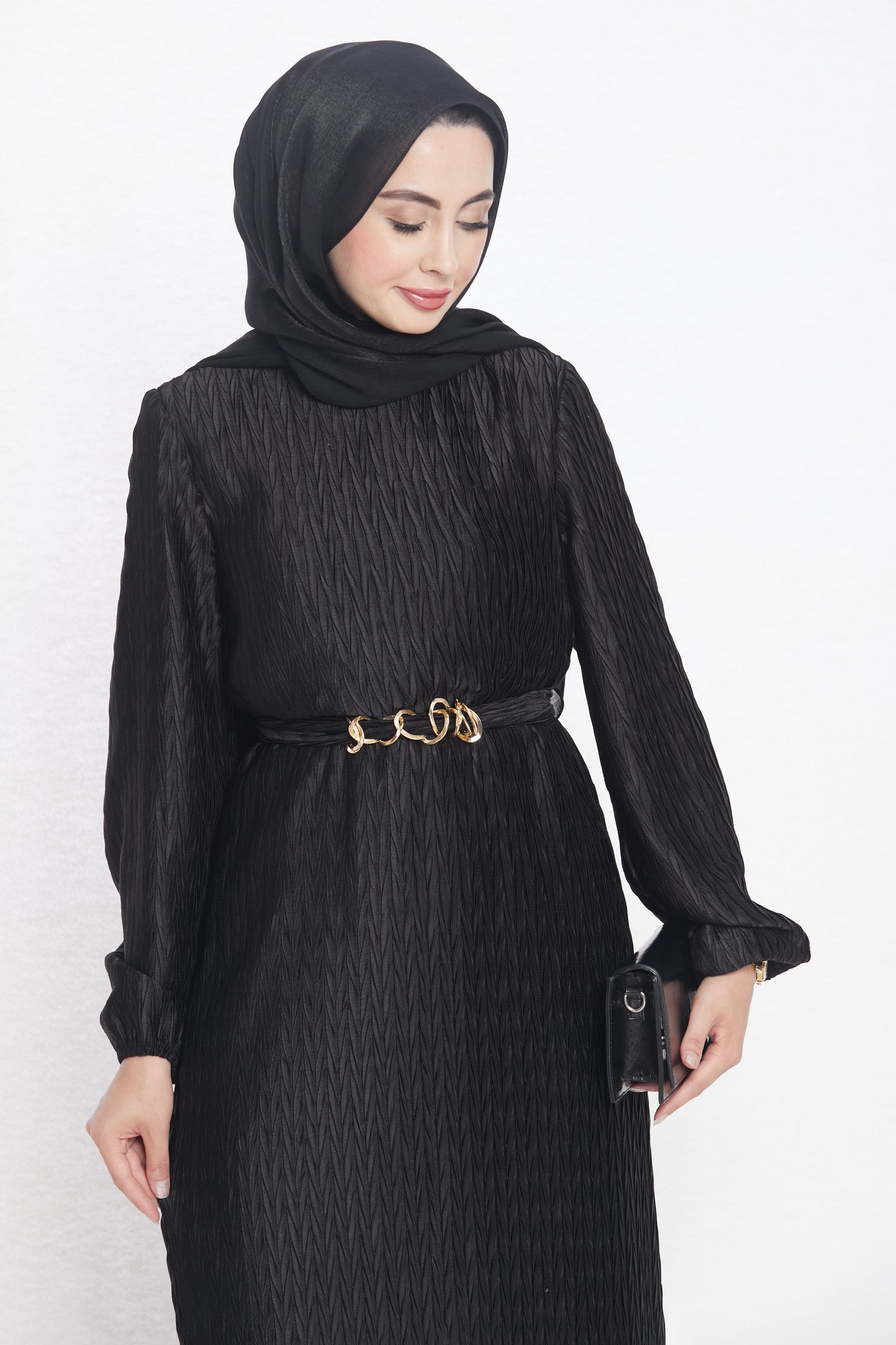 Long Patterned Dress with Belt Detail