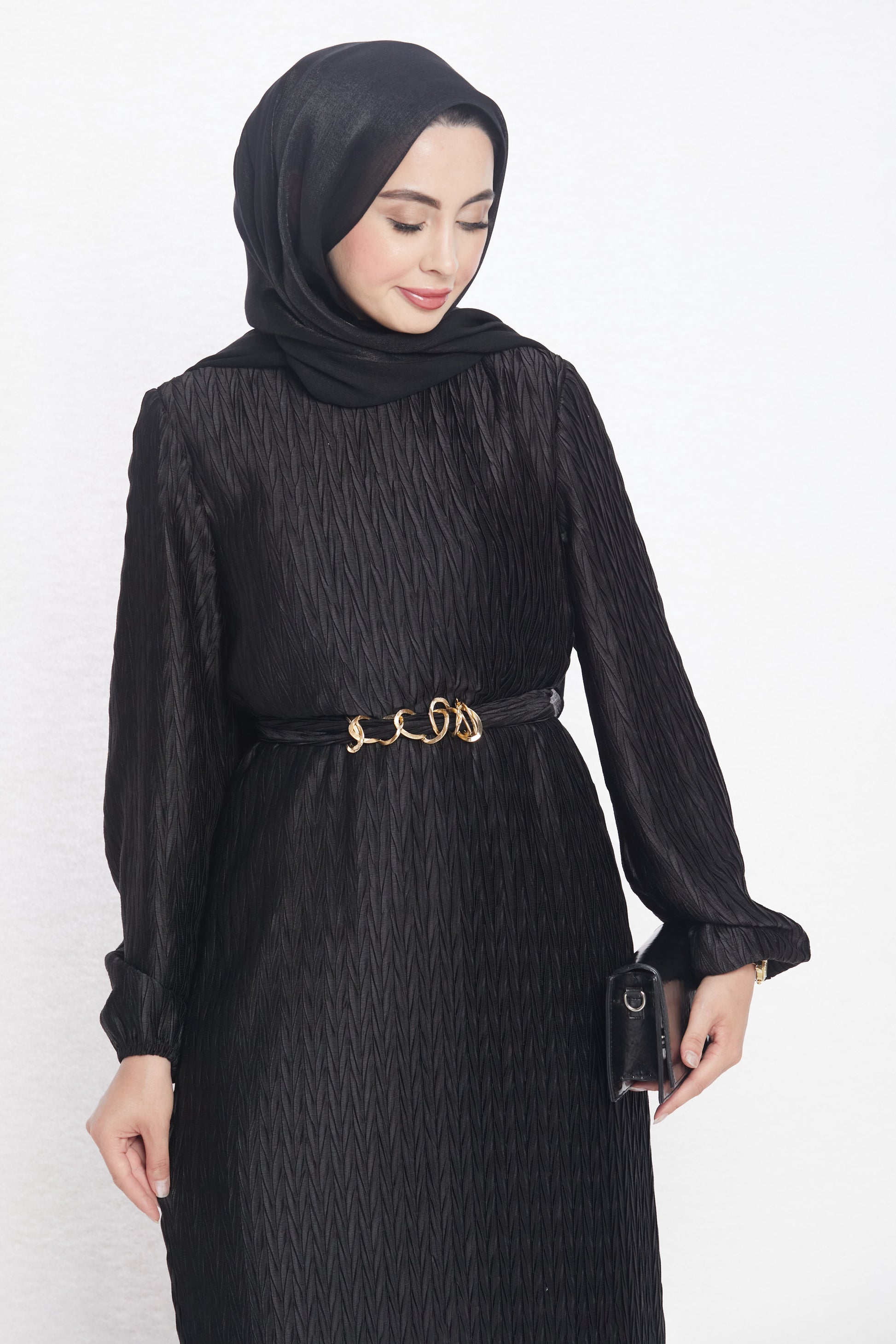 Long Patterned Dress with Belt Detail
