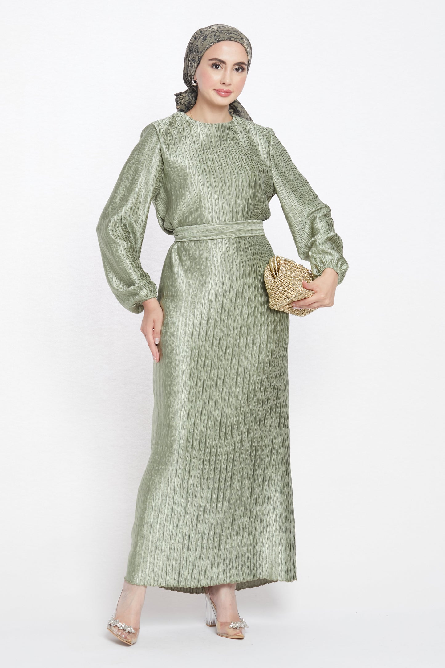 Long Patterned Dress with Belt Detail