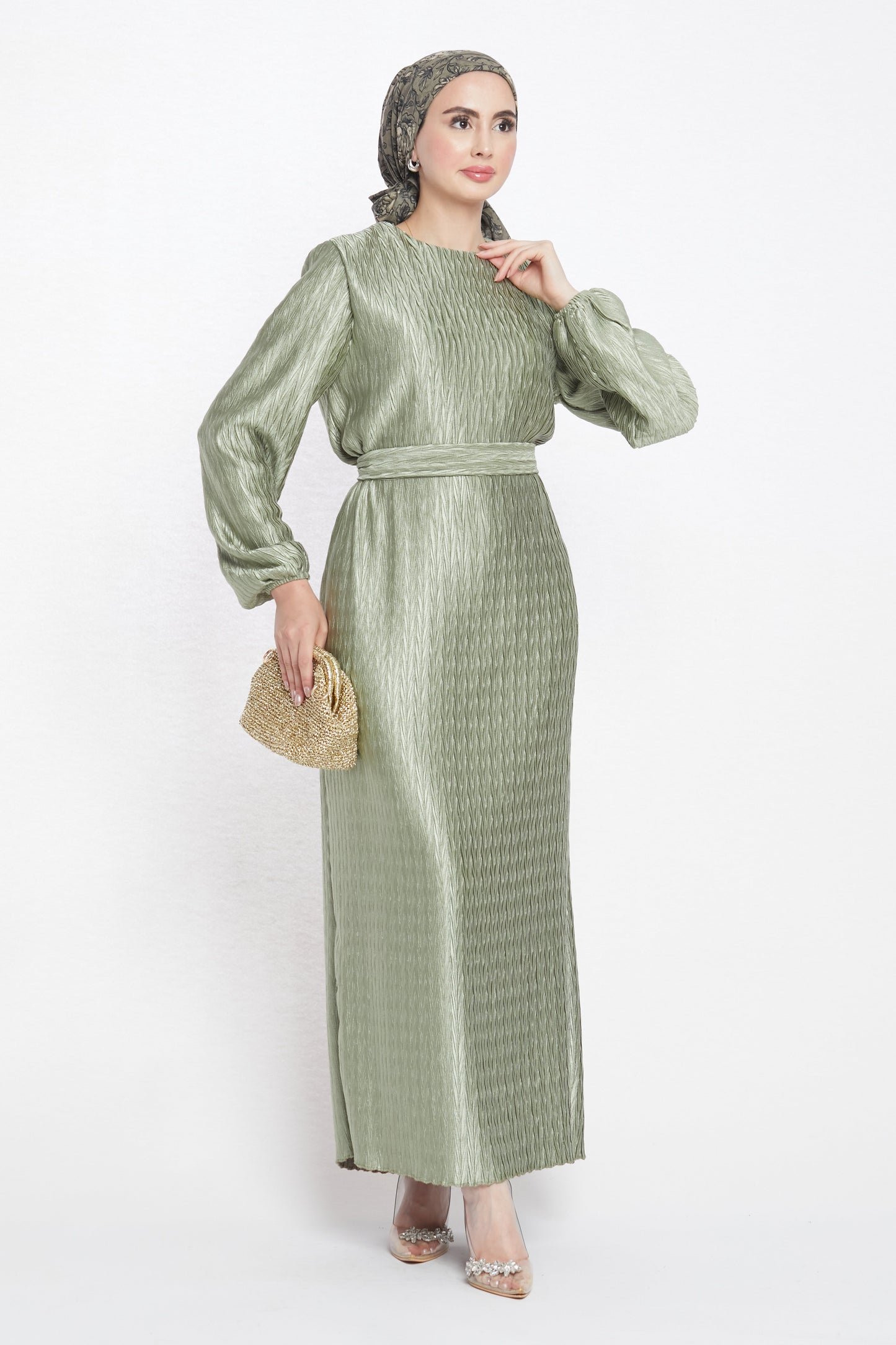 Long Patterned Dress with Belt Detail