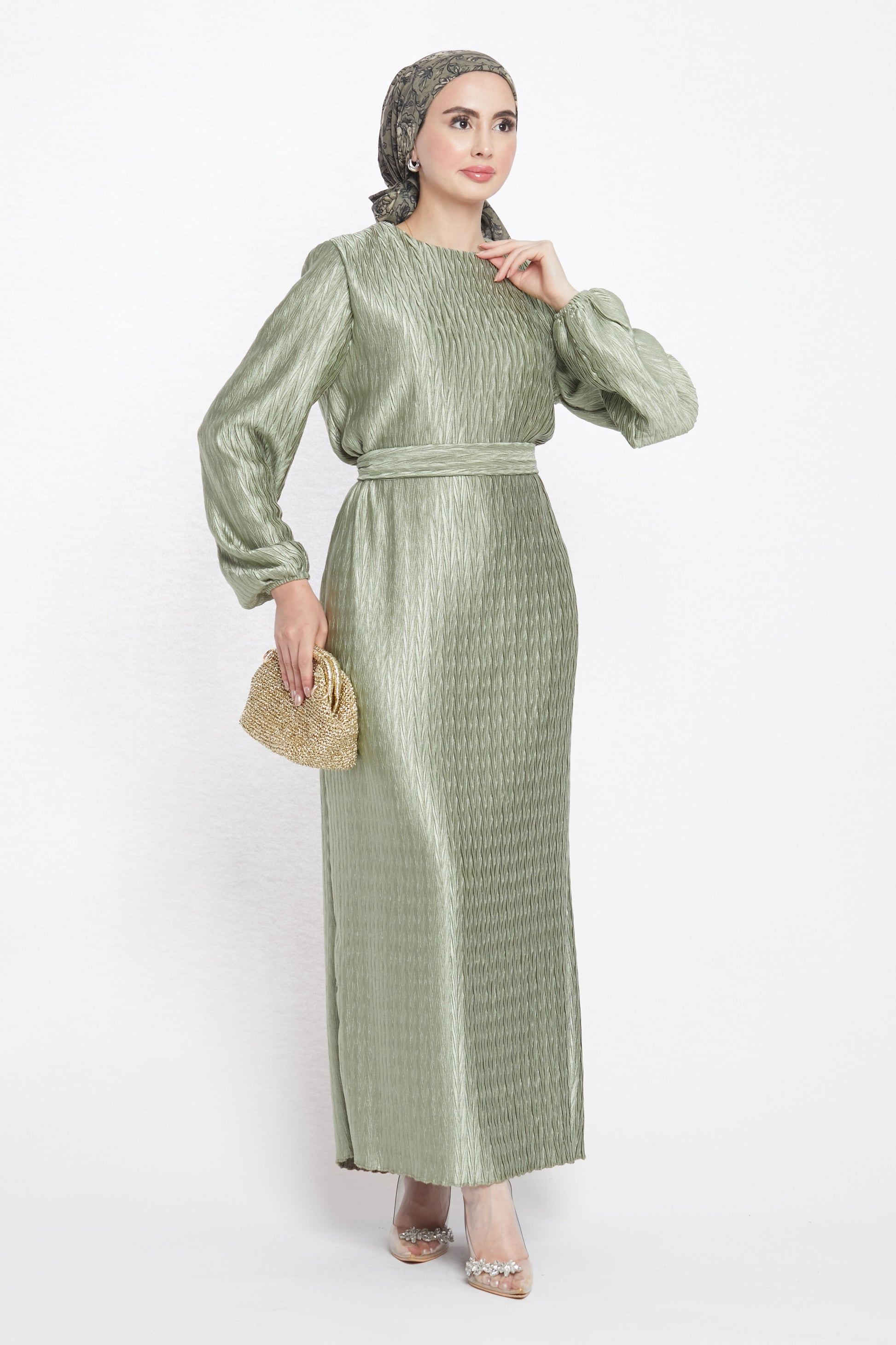Long Patterned Dress with Belt Detail